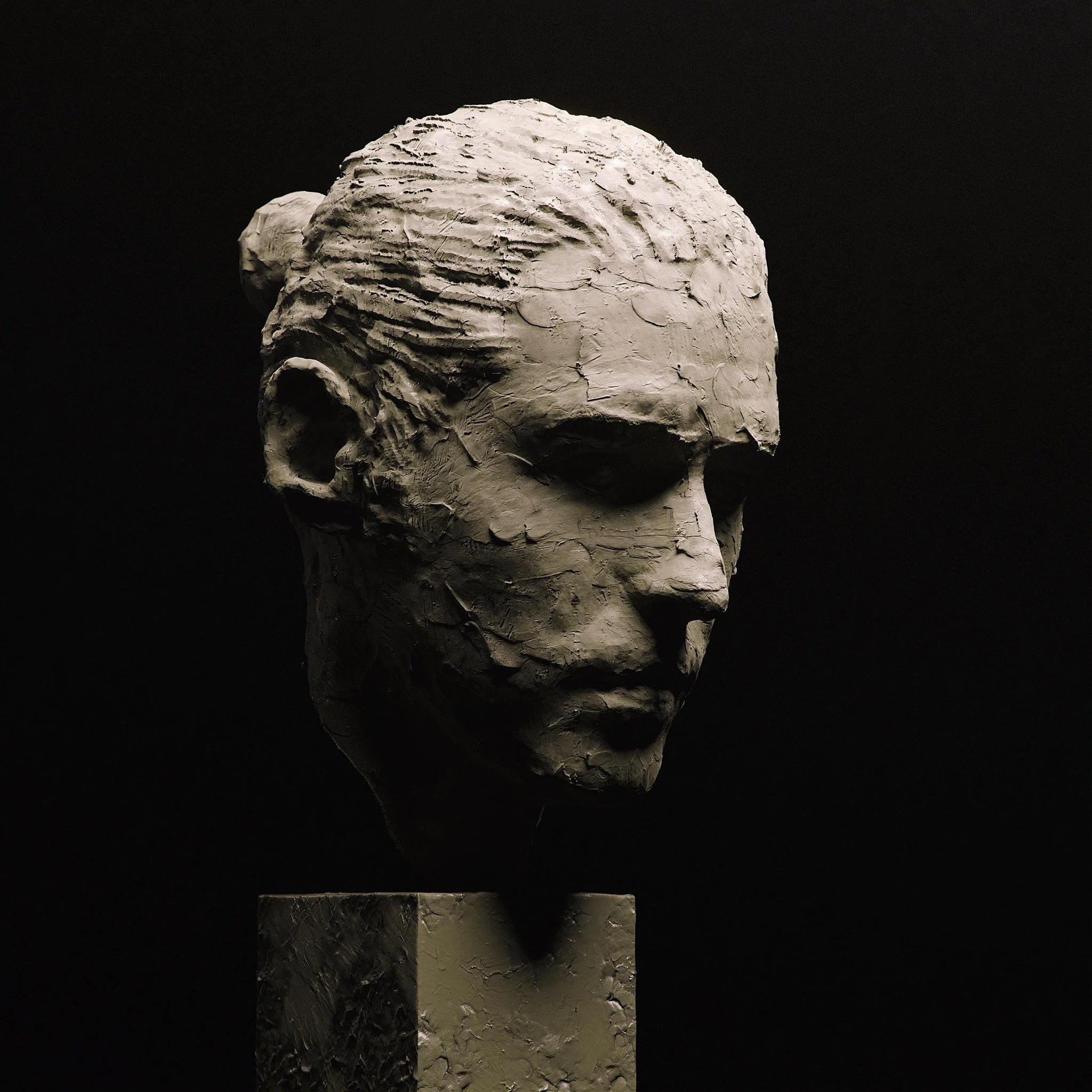 A sculpture of a human head in profile view, with textured surface, supported by a rectangular pedestal.