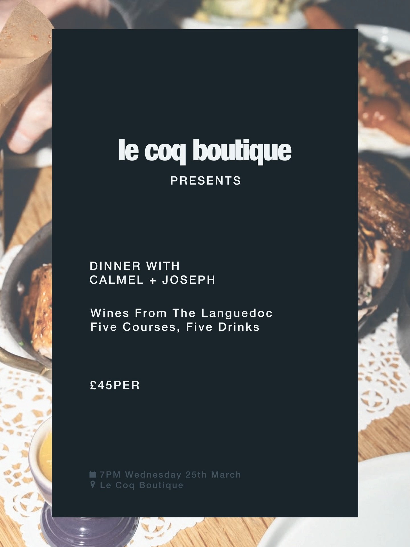 Our First Chicken Dinner. We're doing something a little different on Wednesday 25th March.

Five dishes, five wines. From our good friends @calmeletjoseph in the renowned Languedoc region.

It's looking bloody lovely and bookings are now open. Just 