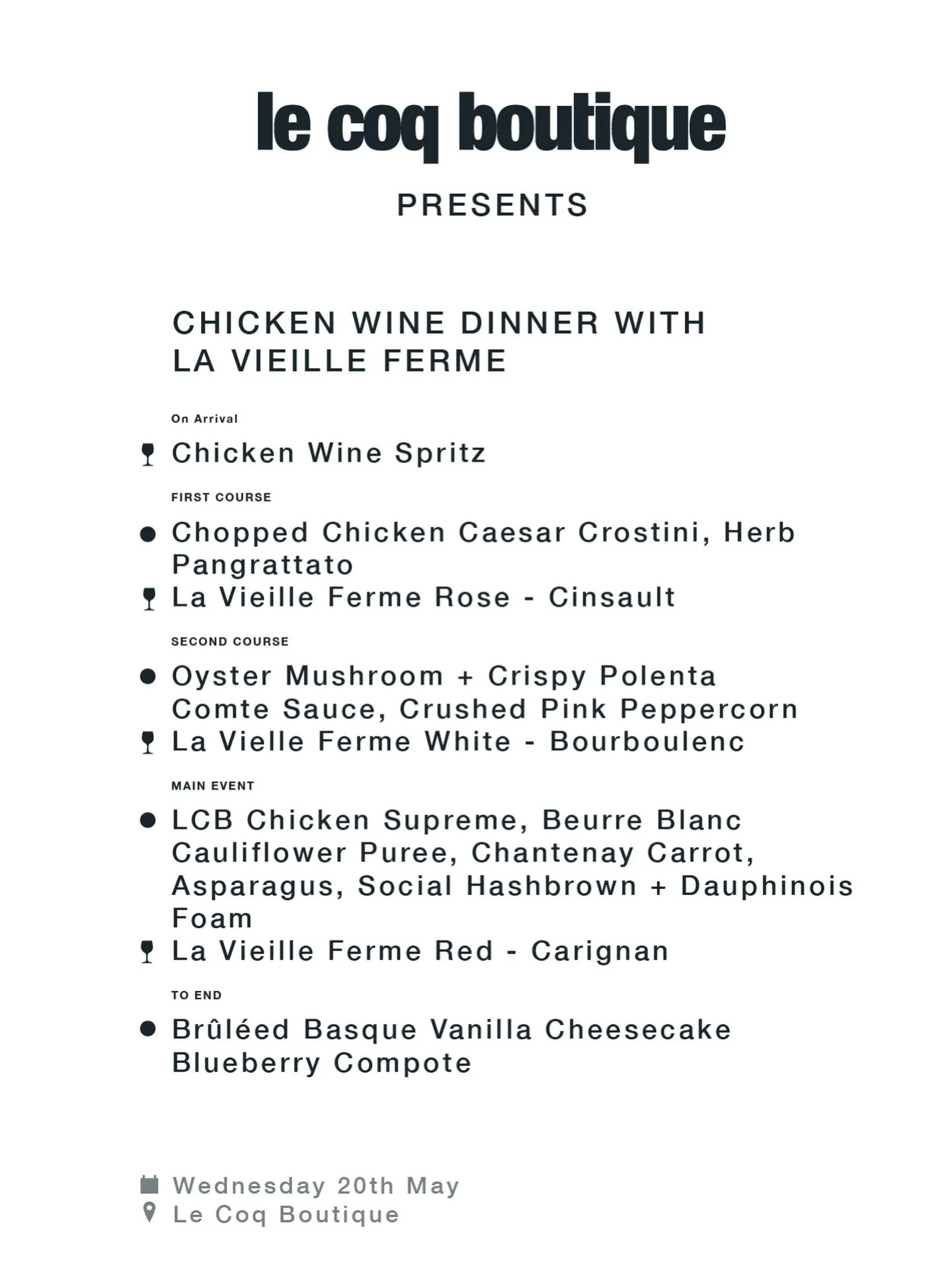 ONE TABLE LEFT FOR THIS TONIGHT DUE TO CANCELLATION. Here's your chance. &pound;45pp. DM us now as this will go.

Chicken Wine for all 🐓