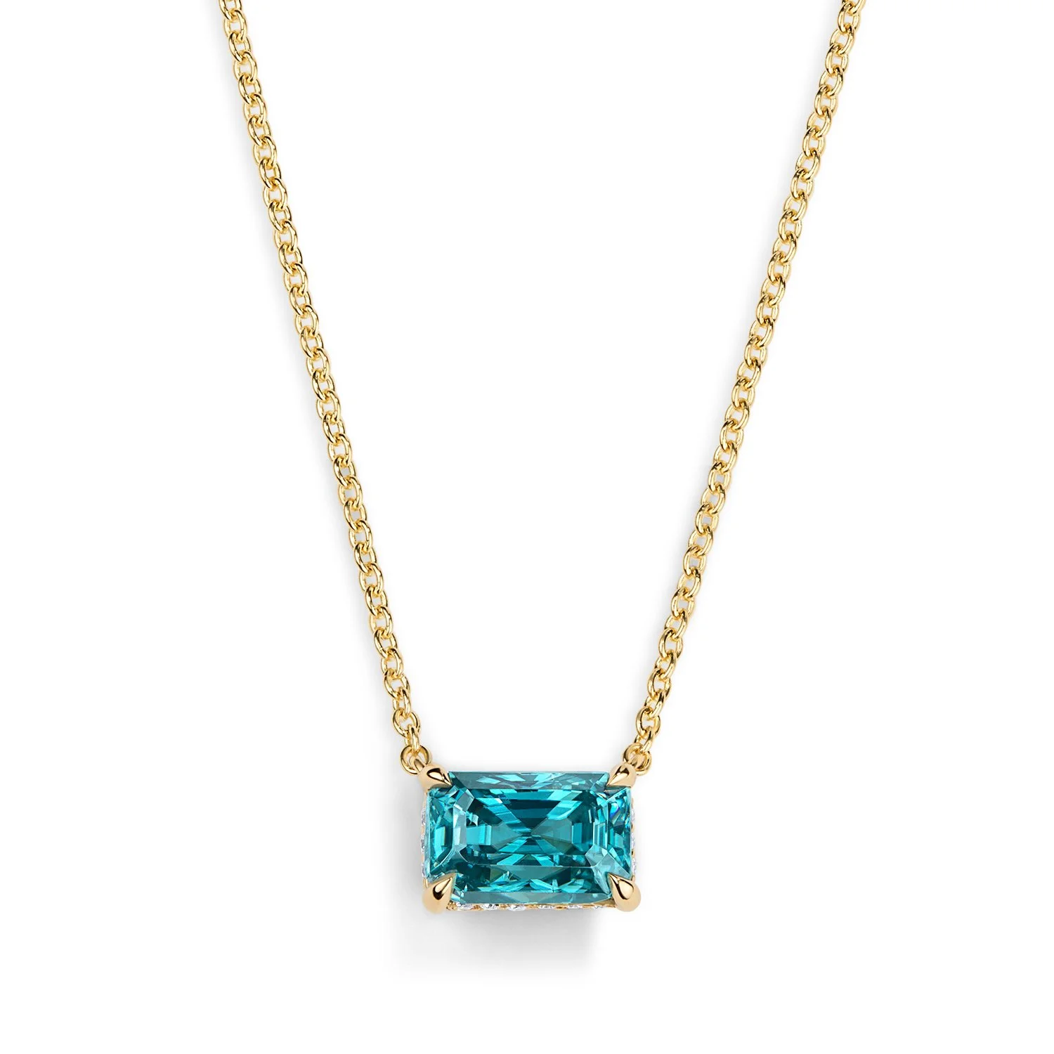 One-of-a-Kind Blue Zircon Emerald-cut Pendant with Hidden Diamond Halo