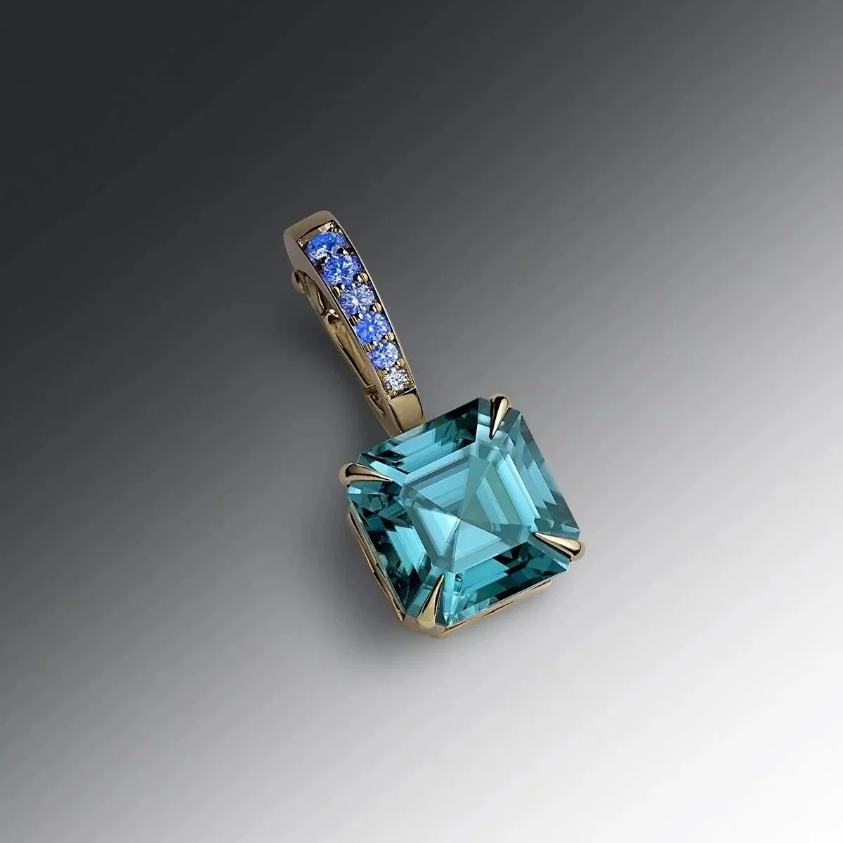 Blue Zircon Asher-cut Charm with optical phenomenon Diamond pavé hinged charm in our signature faceted Deco filigree style mount.