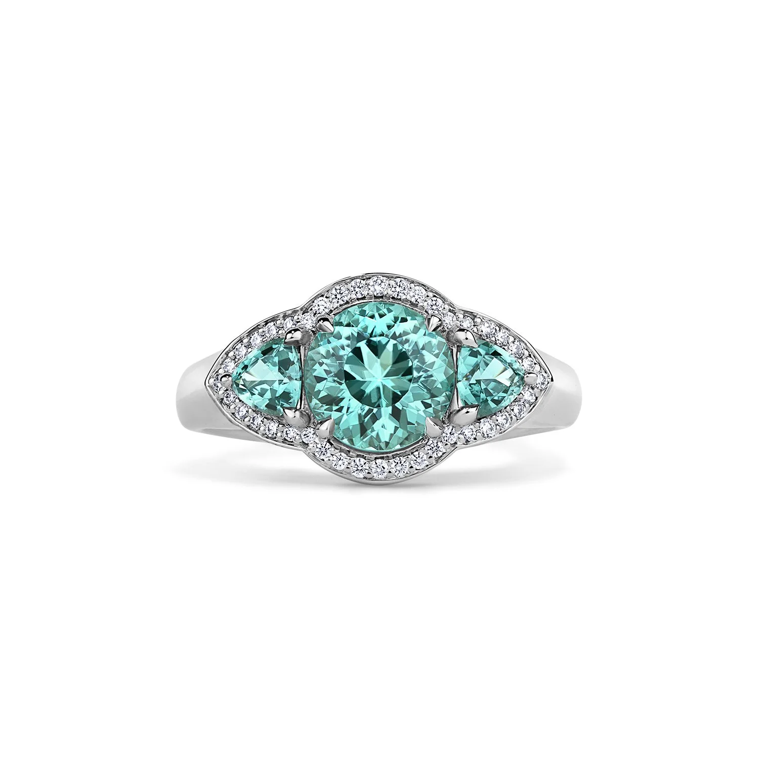 One-of-a-Kind Deco Filigree Ring with Portuguese-cut Neon Lagoon Tourmalines and Diamonds