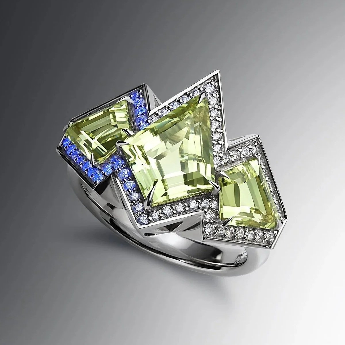 One-of-a-Kind Deco Filigree Ring with Kite-cut Chrysoberyls and Diamonds