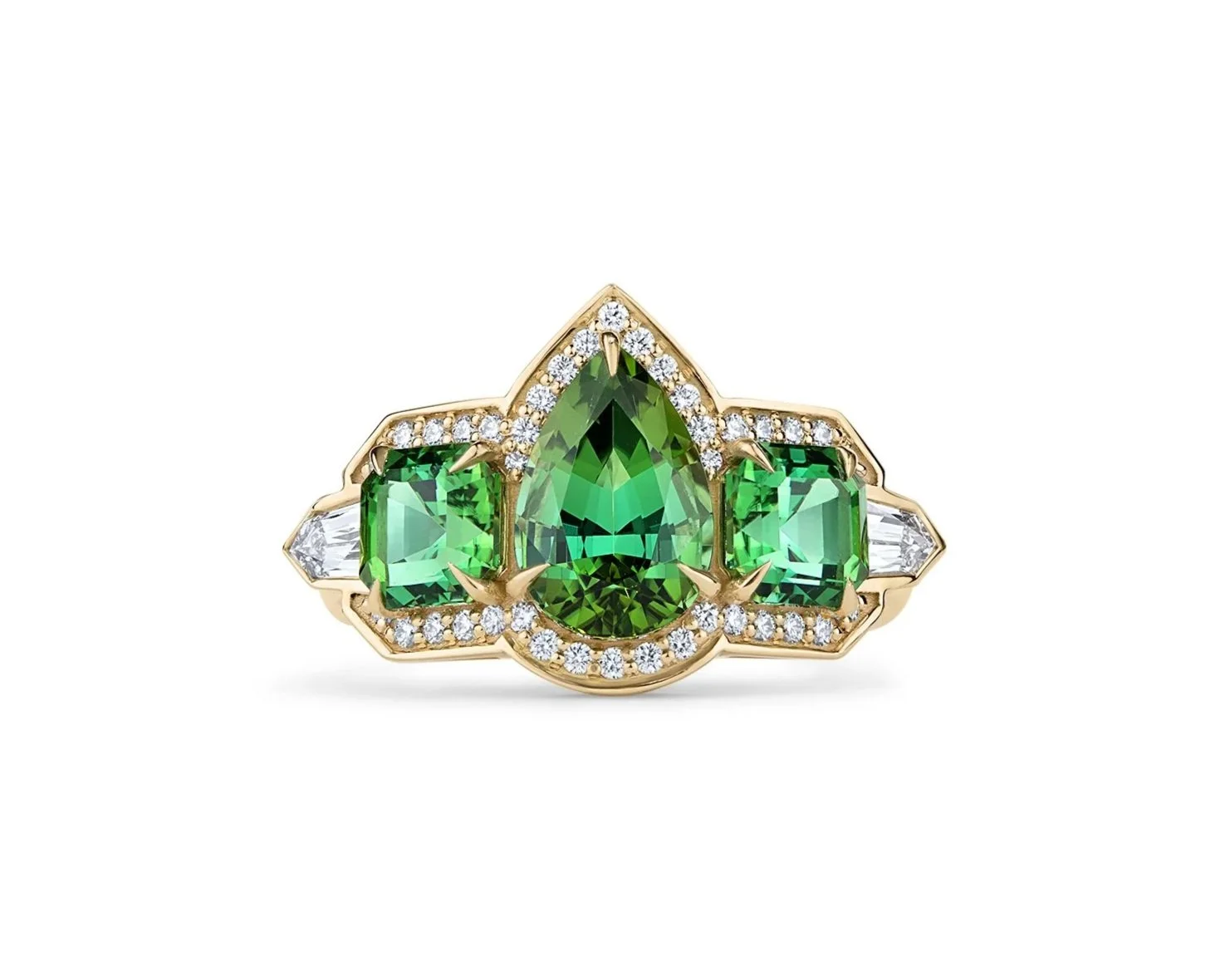 Asher-cut Blue Green Tourmaline and Fancy-cut Diamond Ring