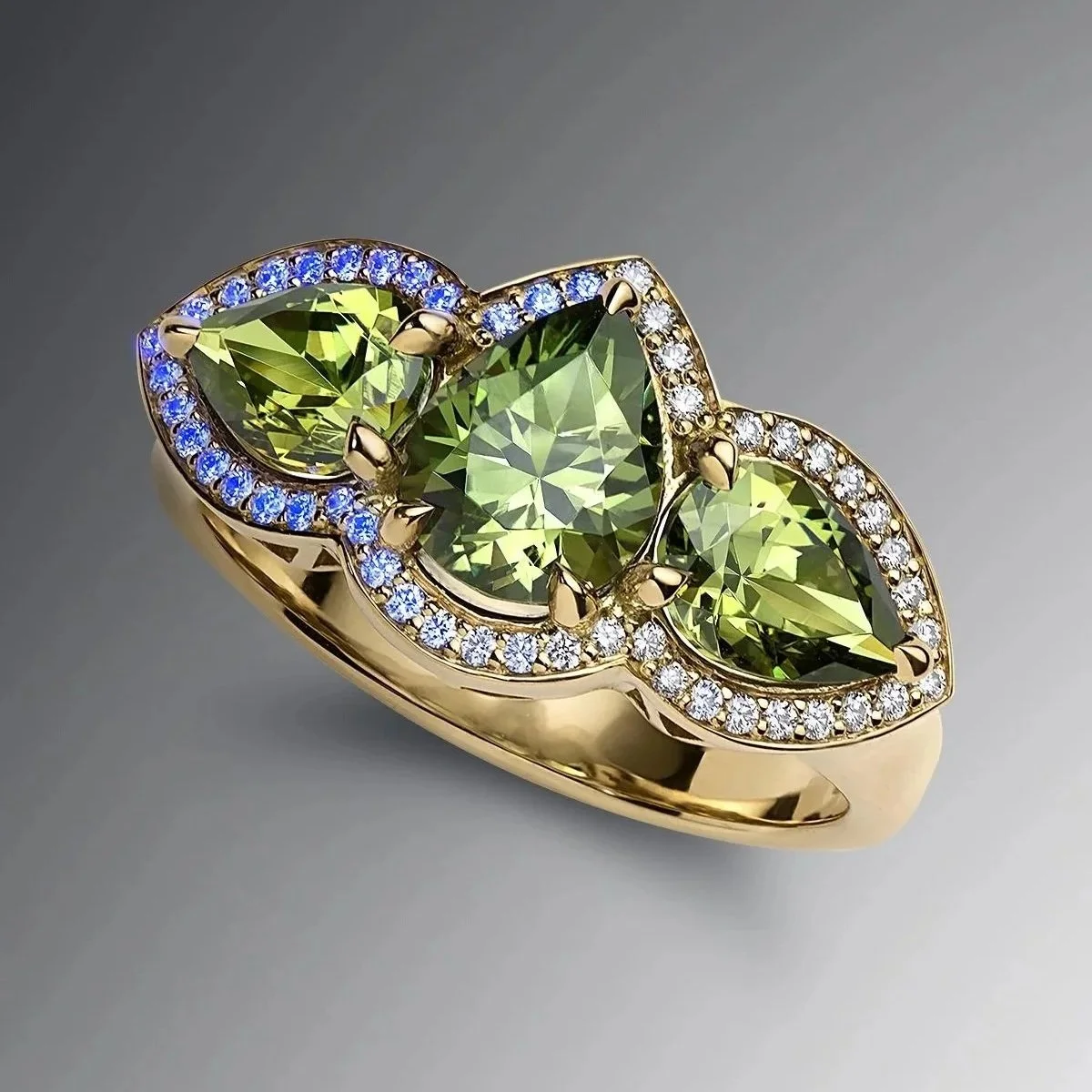 One-of-a-Kind Deco Filigree Ring with Pear-Cut Demantoid Garnets and Diamonds