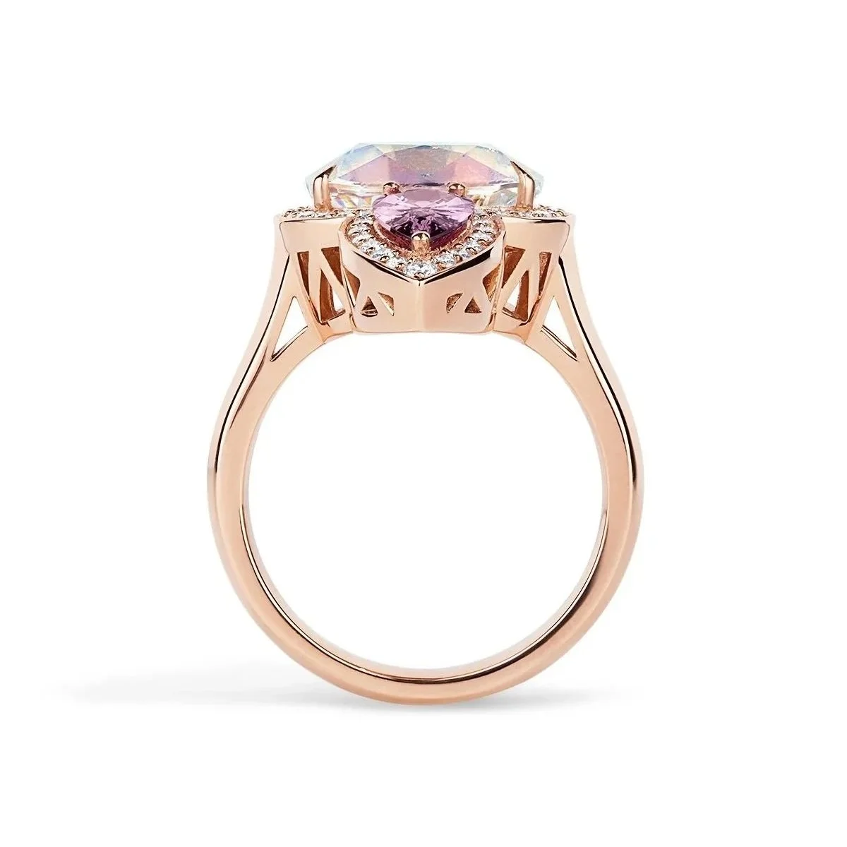 One-of-a-Kind Deco Filigree Ring with Oval-cut Rainbow Moonstones, Rose Sapphires and Diamonds