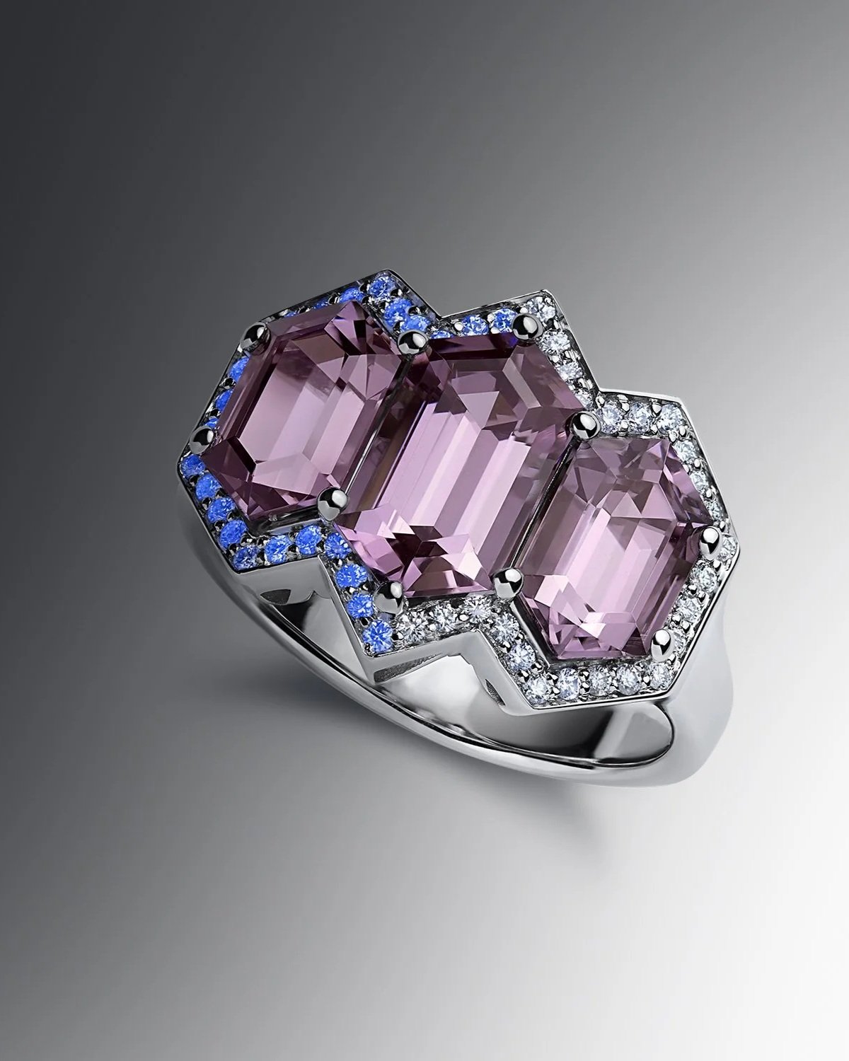One-of-a-Kind Deco Filigree Ring with Long Hexagon-cut Platinum Spinels and Diamonds
