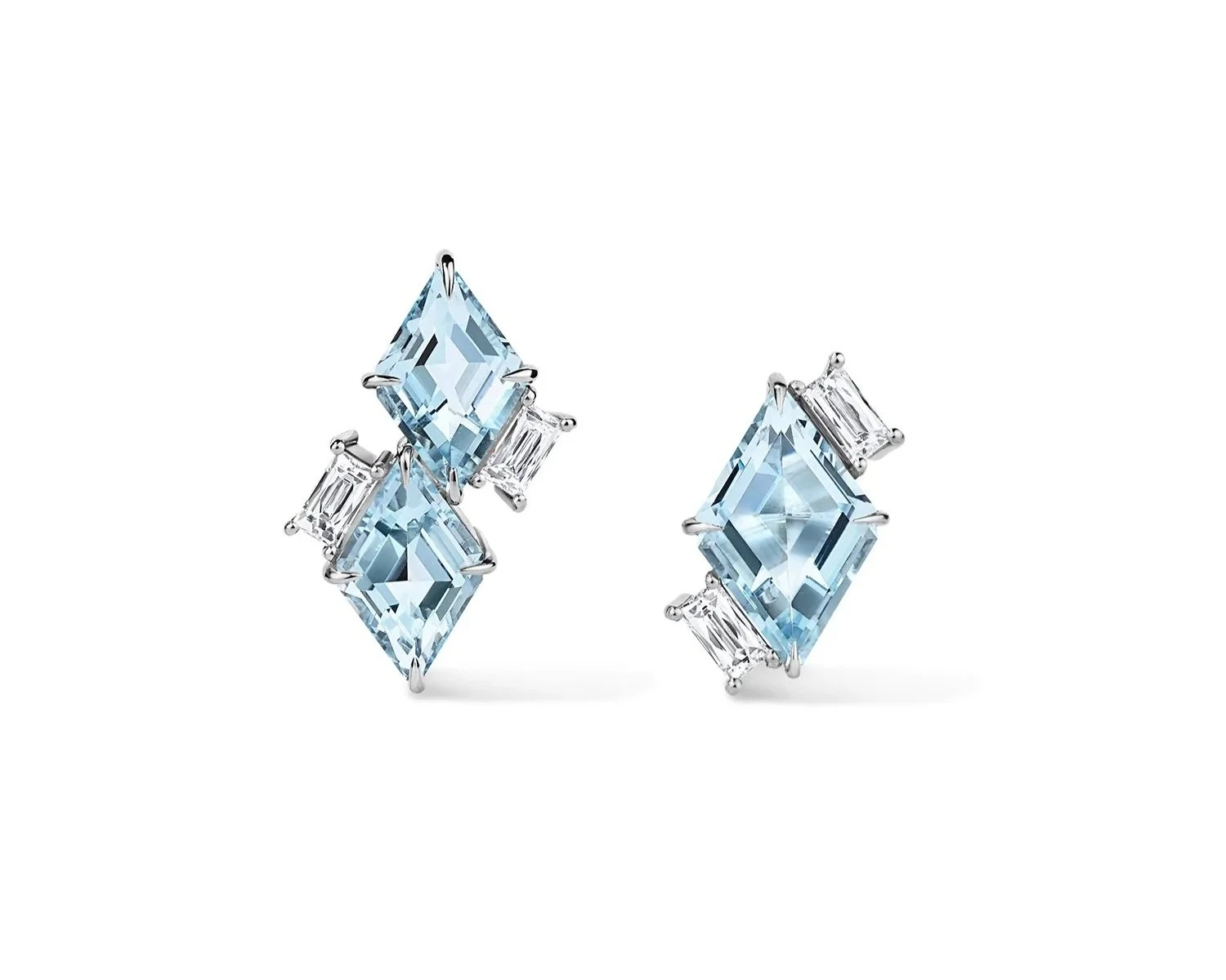 One-of-a-Kind Mismatched Kite-cut Aquamarine Ear Climber Earrings with Antique-Style Baguette French-cut Diamonds