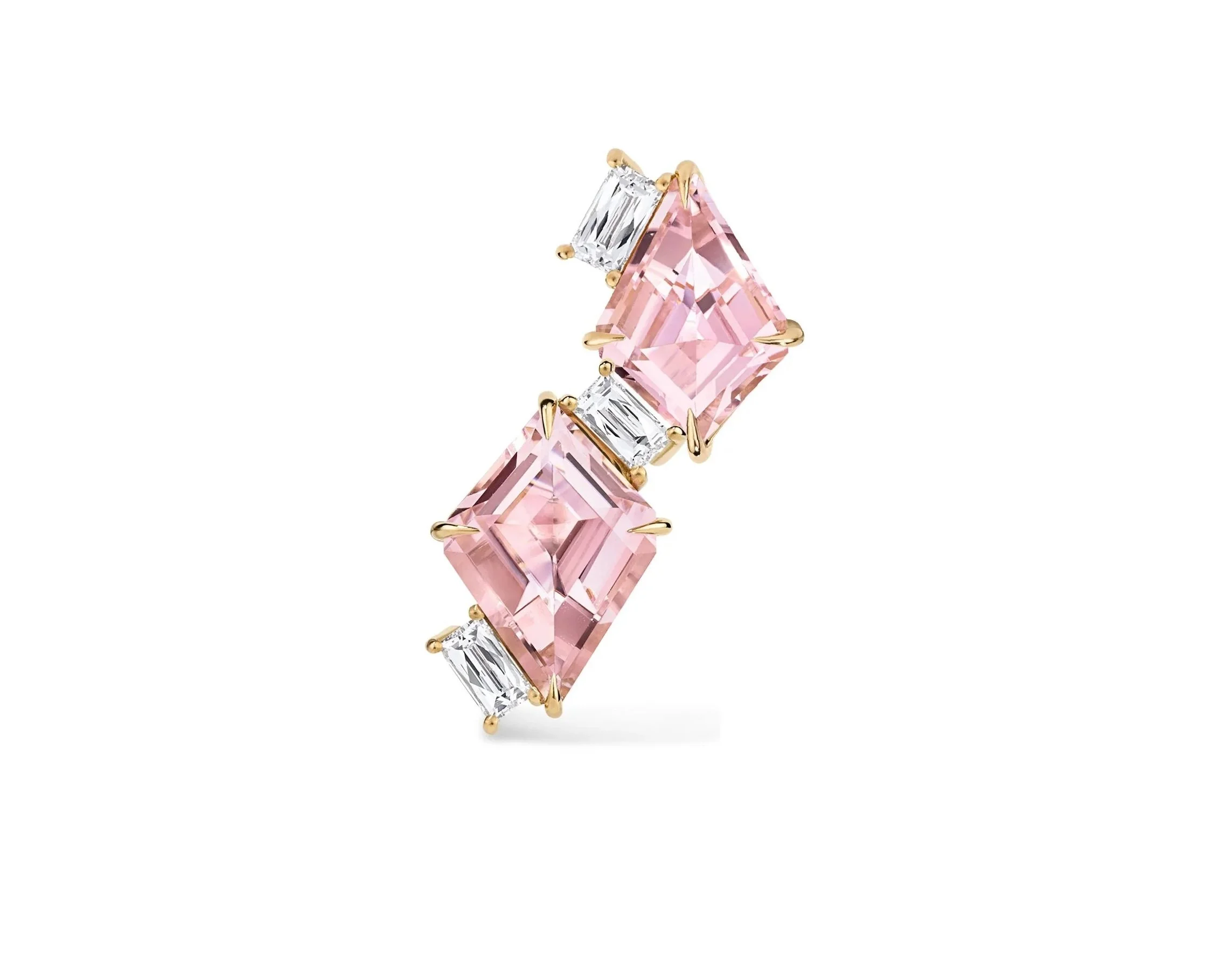 One-of-a-Kind Mismatched Pink Tourmaline Ear Climber Earrings with Antique-Style Baguette French-cut Diamonds