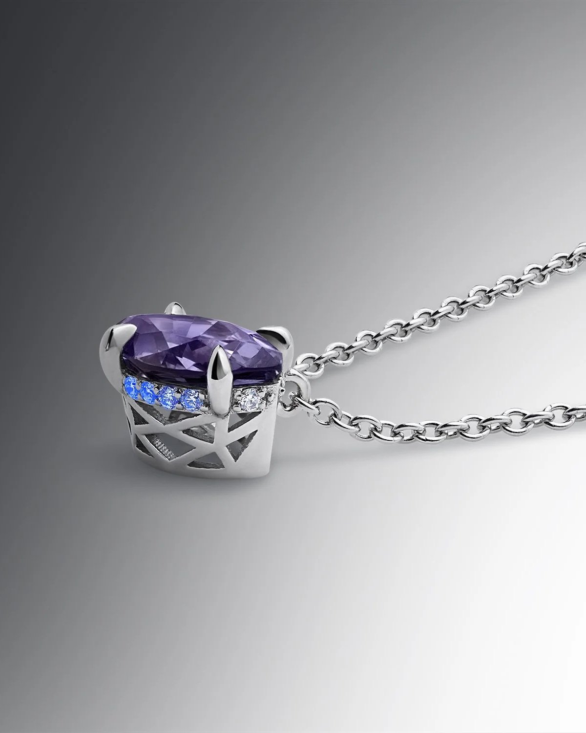 Violet Spinel Marquise-Cut Pendant with optical phenomenon Diamond halo in our signature faceted Deco filigree style