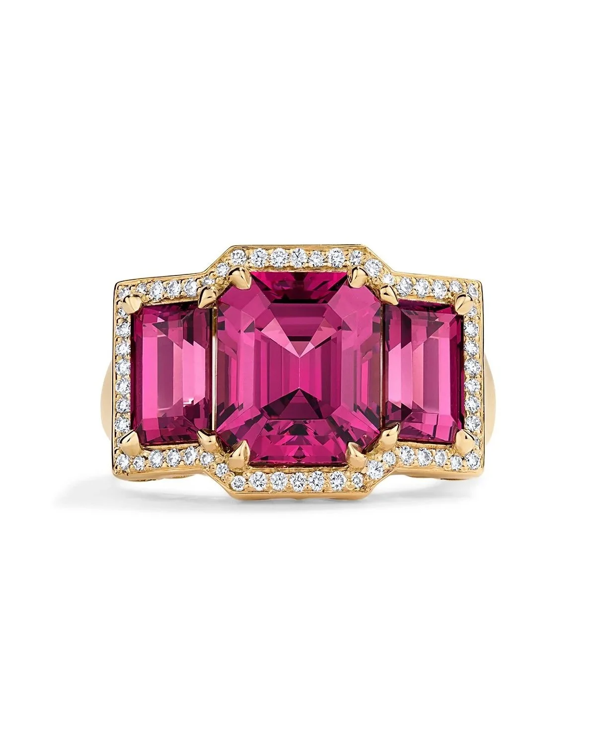 One-of-a-Kind Deco Style Filigree Ring with Emerald-cut Rhodolite Garnets and Diamonds