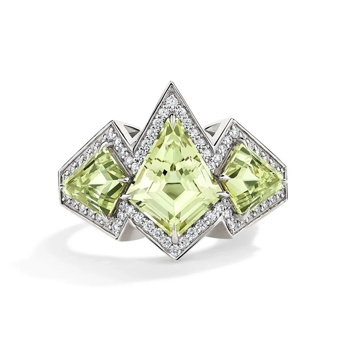 One-of-a-Kind Deco Filigree Ring with Kite-cut Chrysoberyls and Diamonds