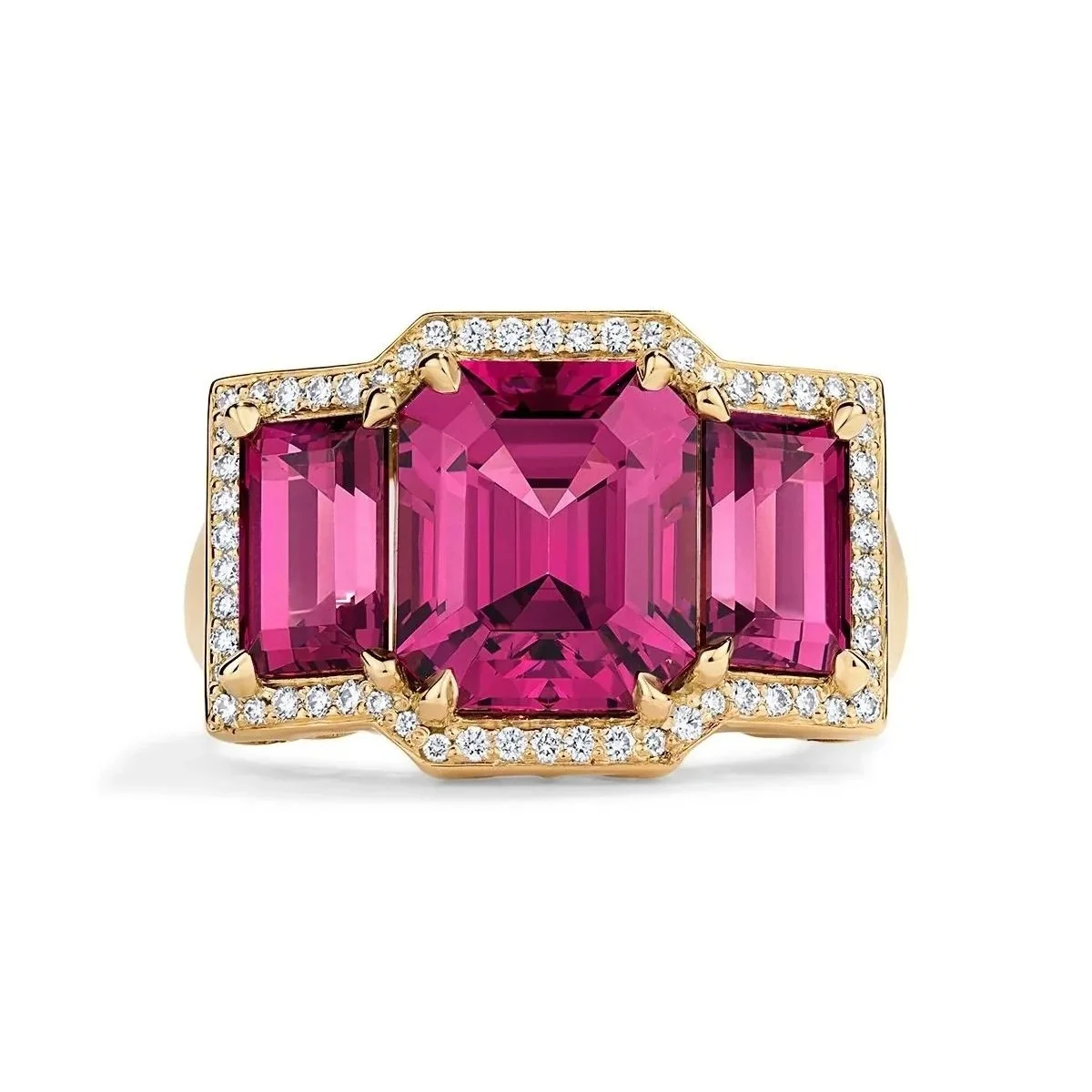 One-of-a-Kind Deco Filigree Ring with Emerald-cut Rhodolite Garnets and Diamonds