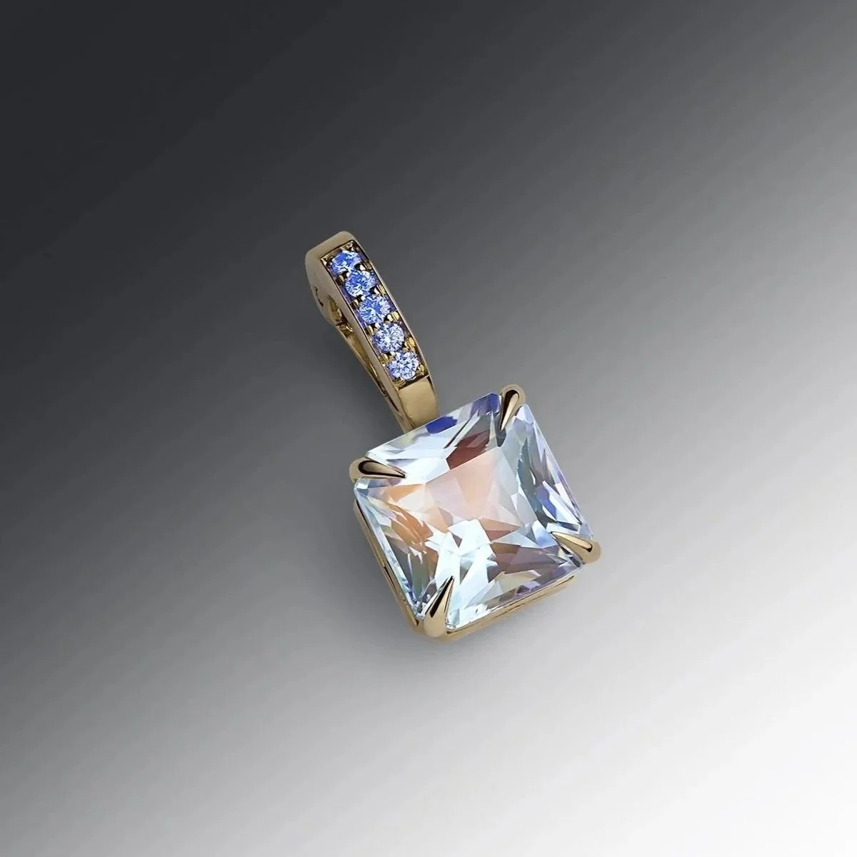 Rainbow Moonstone Radiant-cut charm with optical phenomenon Diamond pavé hinged charm in our signature faceted Deco filigree style mount.