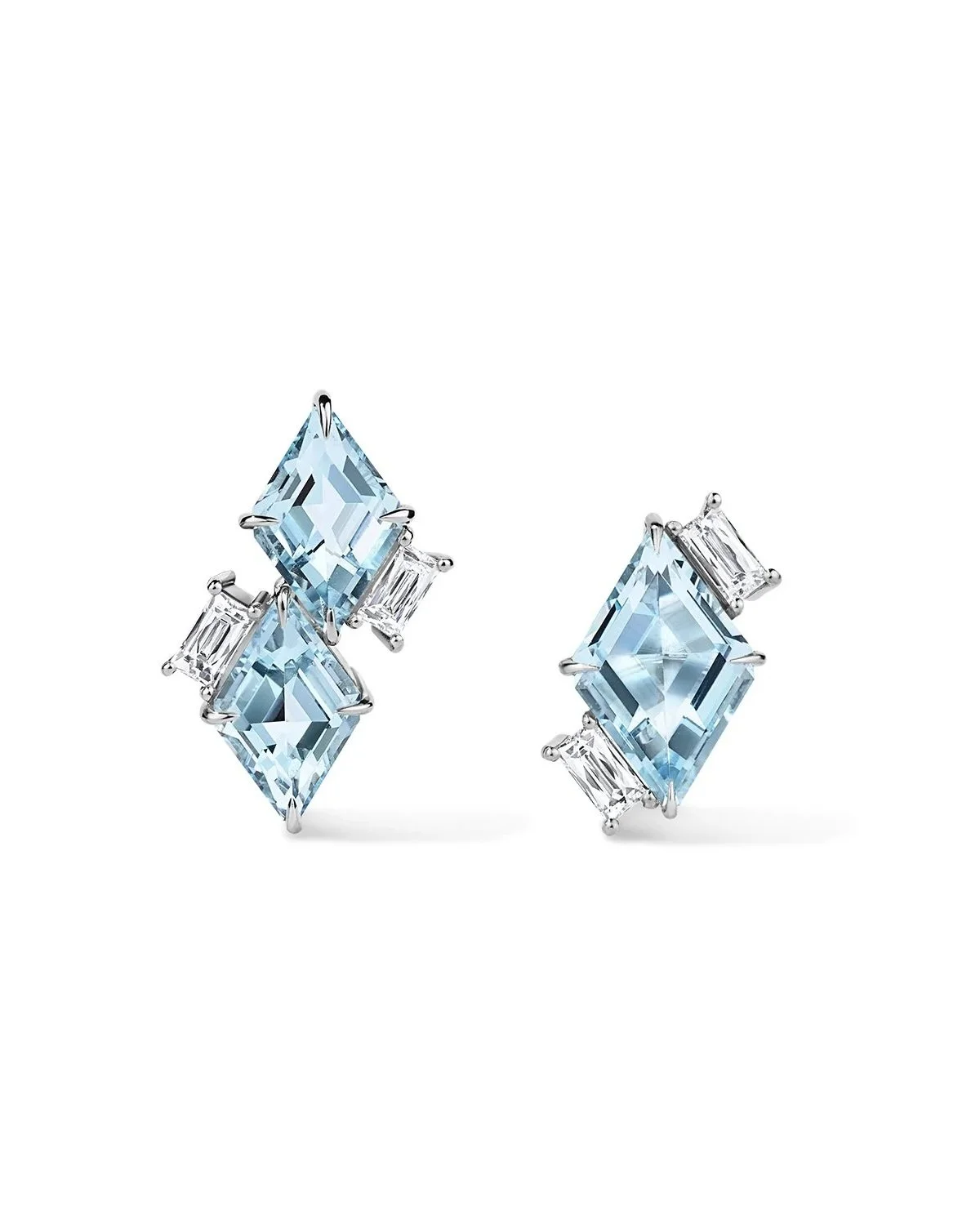 One-of-a-Kind Mismatched Kite-cut Aquamarine Earrings with French-cut Diamonds