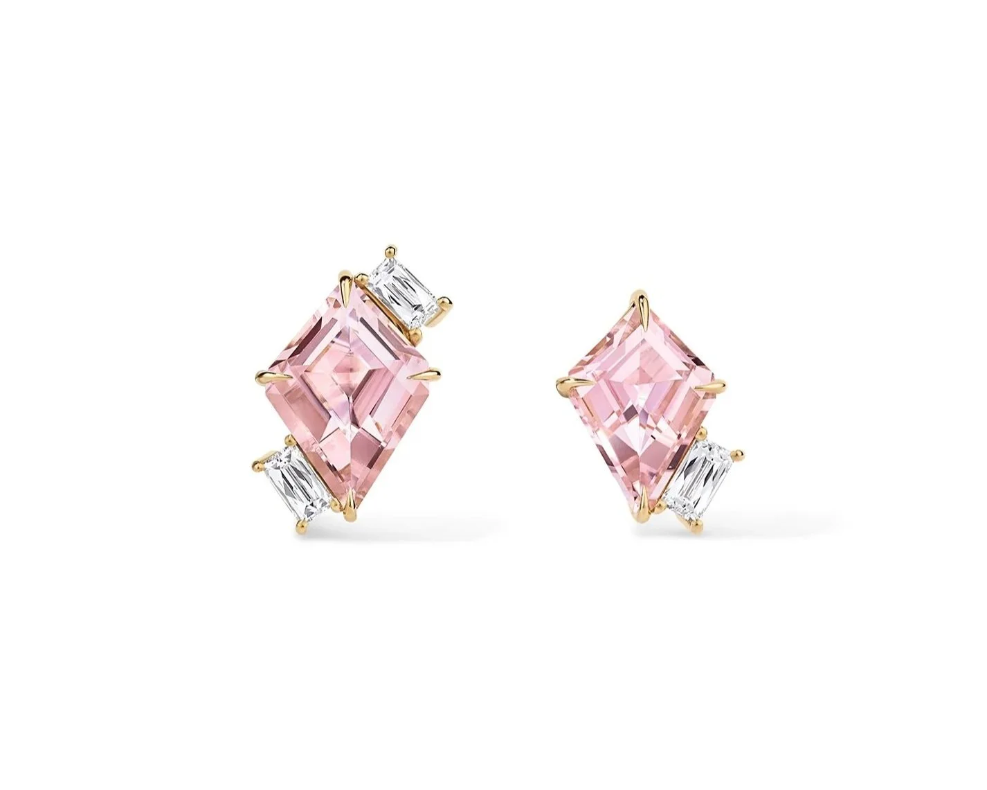 One-of-a-Kind Mismatched Pink Tourmaline Ear Climber Earrings with Antique-Style Baguette French-cut Diamonds