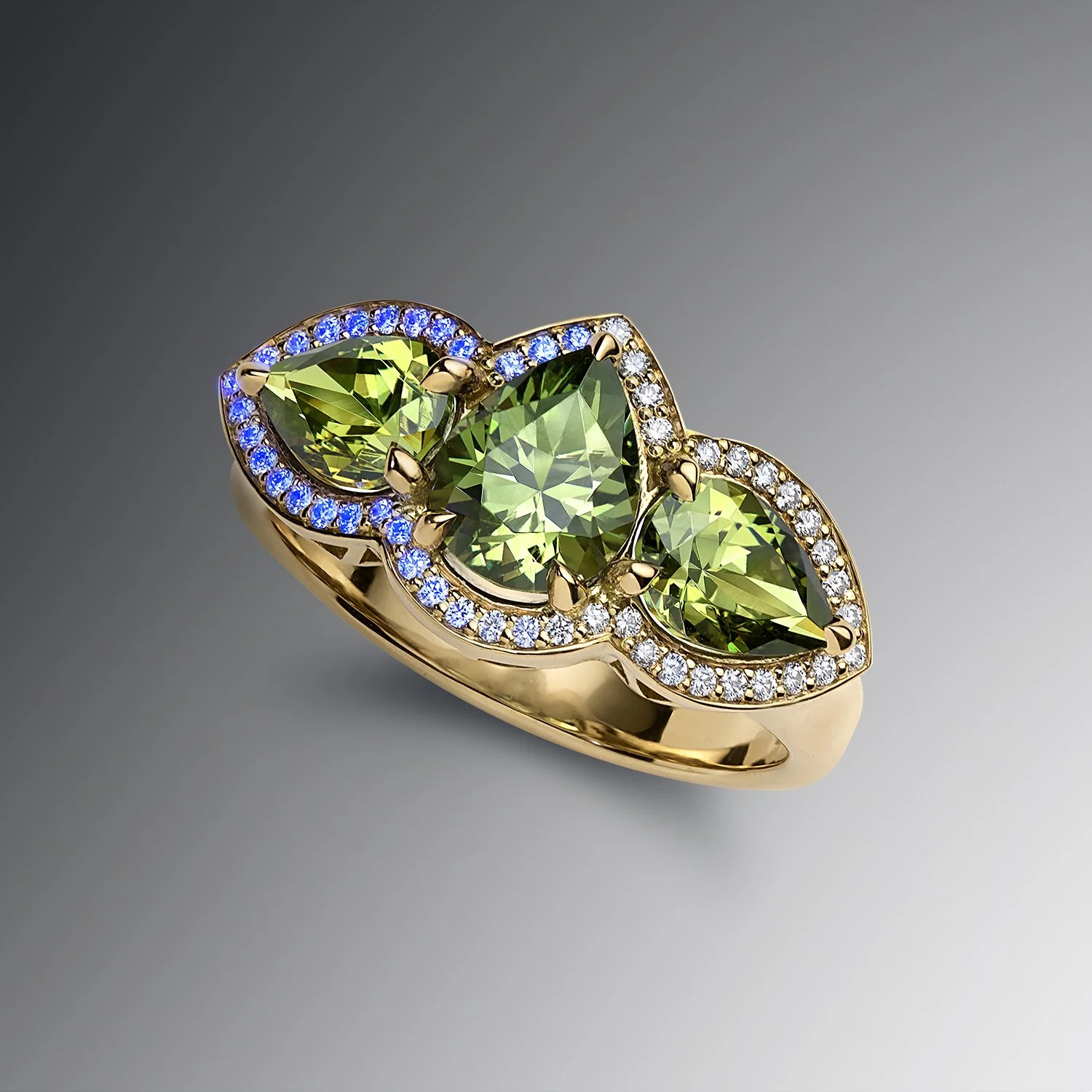 One-of-a-Kind Deco Filigree Ring with Pear-Cut Demantoid Garnets and Diamonds
