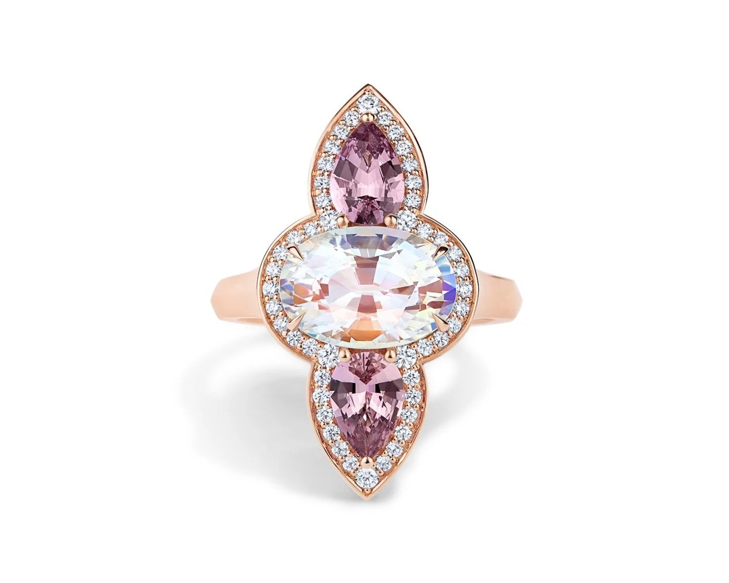 Oval-cut Rainbow Moonstones, Rose Sapphires and Diamond Ring
