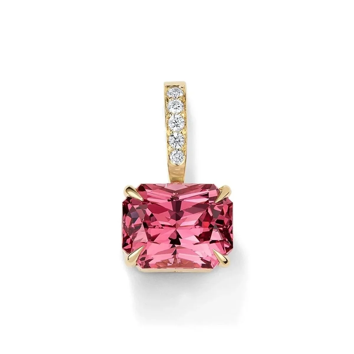 Hot Pink Spinel Radiant Emerald-cut charm with optical phenomenon Diamond pavé hinged charm in our signature faceted Deco filigree style mount.