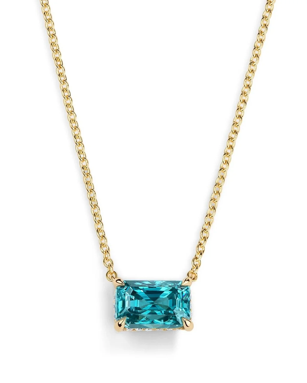 One-of-a-Kind Blue Zircon Emerald-cut Pendant with Hidden Diamond Halo