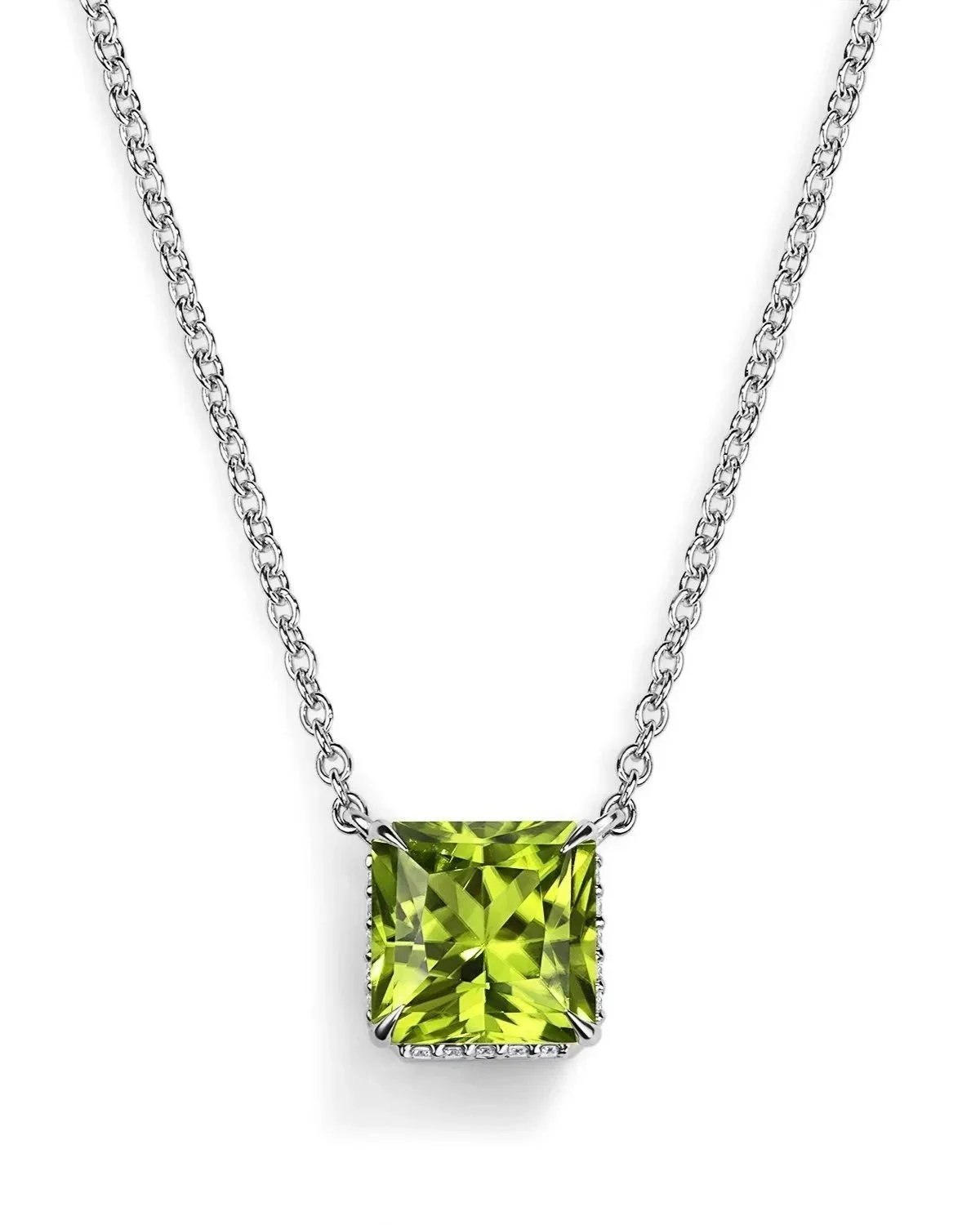 One-of-a-Kind Square Radiant-cut Peridot Pendant with Hidden Diamond Halo