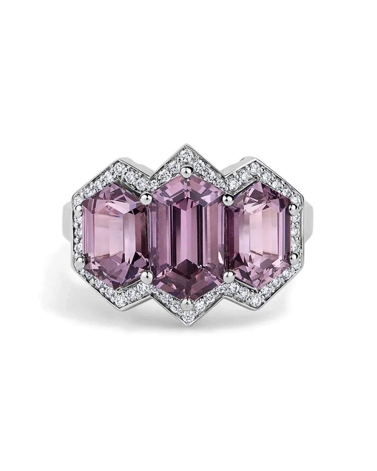 One-of-a-Kind Deco Style Filigree Ring with Long Hexagon-cut Platinum Spinels and Diamonds