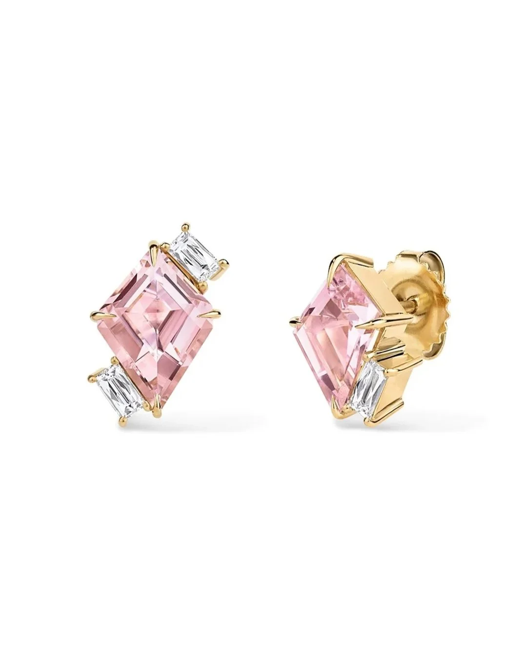One-of-a-Kind Mismatched Pink Tourmaline Ear Climber Earrings with Antique-Style Baguette French-cut Diamonds