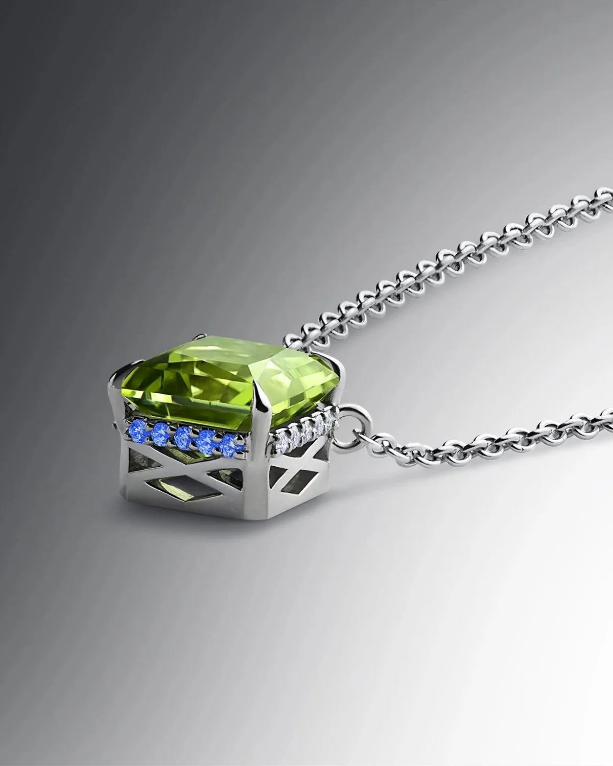 One-of-a-Kind Square Radiant-cut Peridot Pendant with Hidden Diamond Halo
