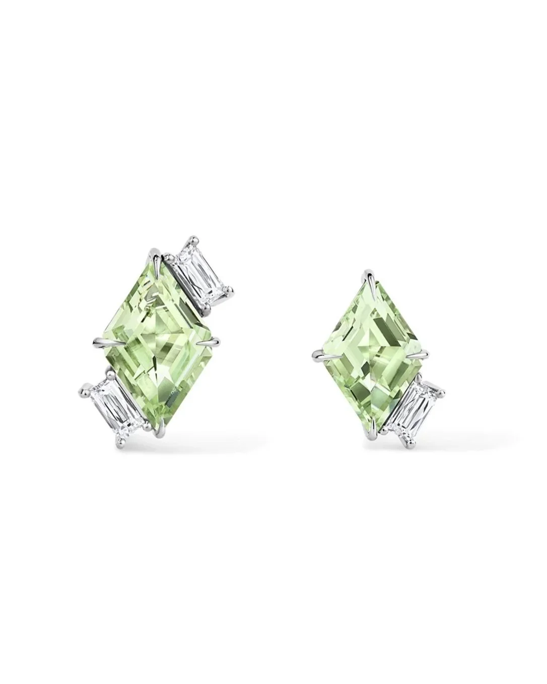 One-of-a-Kind Mismatched Mint Green Tourmaline Ear Climber Earrings with Antique-Style Baguette French-cut Diamonds