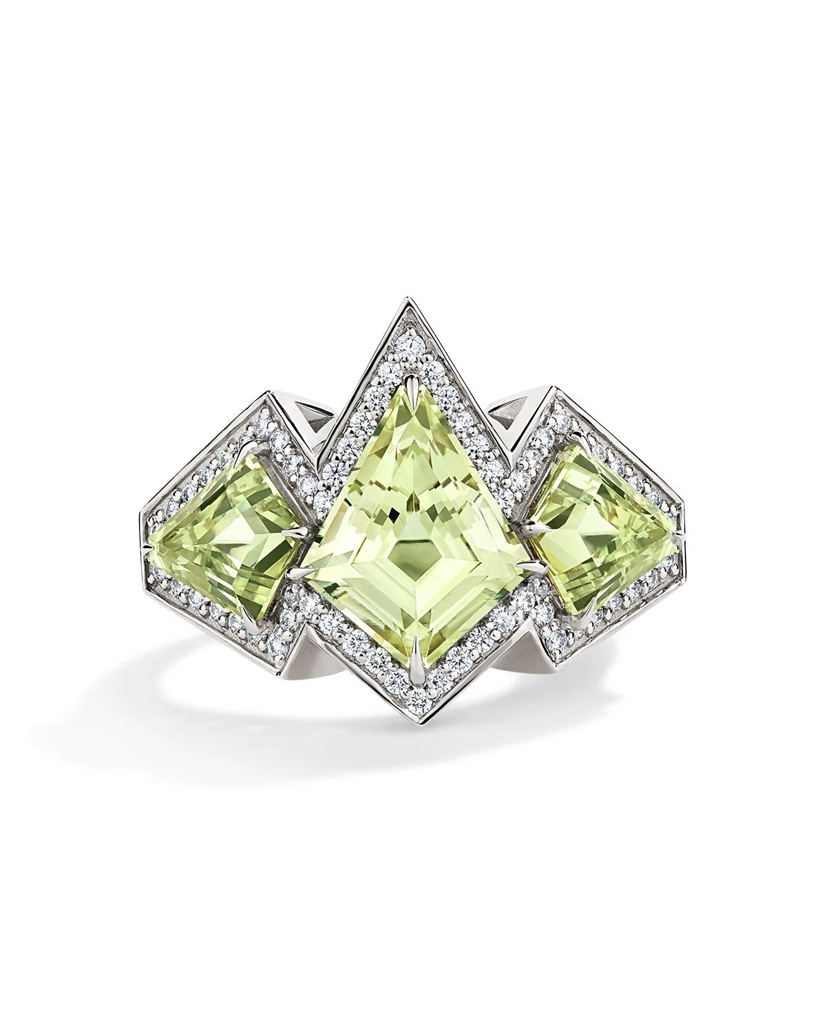 One-of-a-Kind Deco Style Filigree Ring with Kite-cut Chrysoberyls and Diamonds