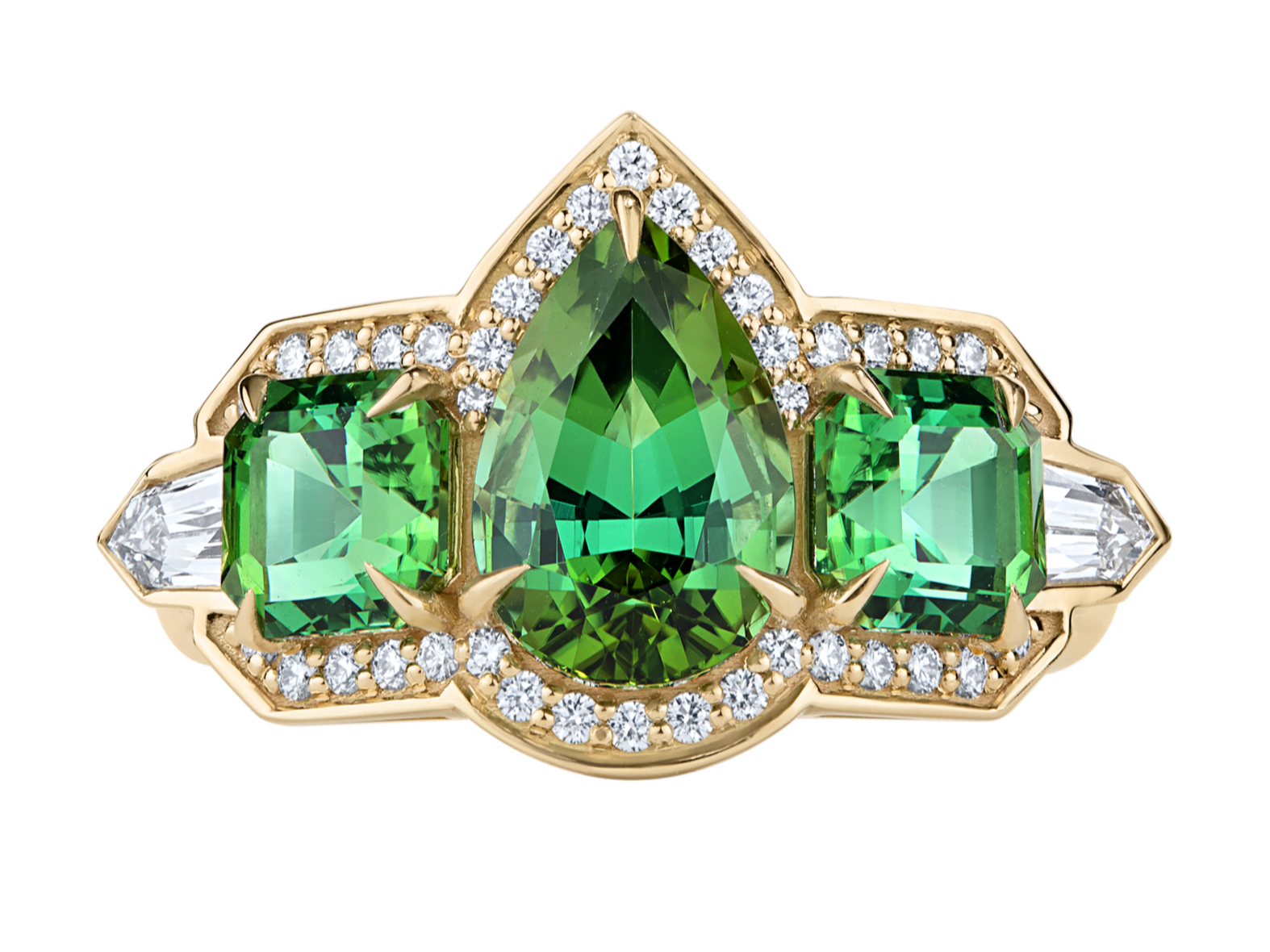 Front view of a one-of-a-kind Ignite Collection ring featuring natural green tourmalines, natural diamonds, and an 18k yellow gold setting.