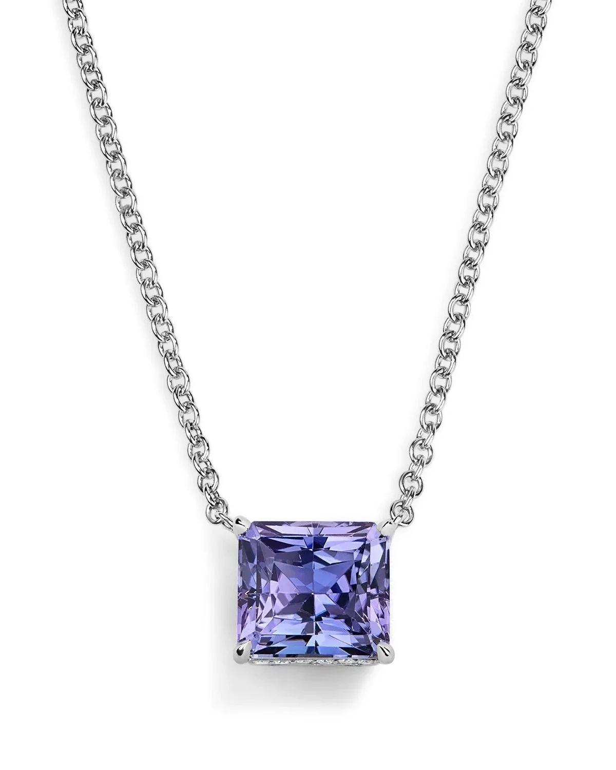 One-of-a-Kind Violet Tanzanite Square Radiant-cut Pendant with Hidden Diamond Halo