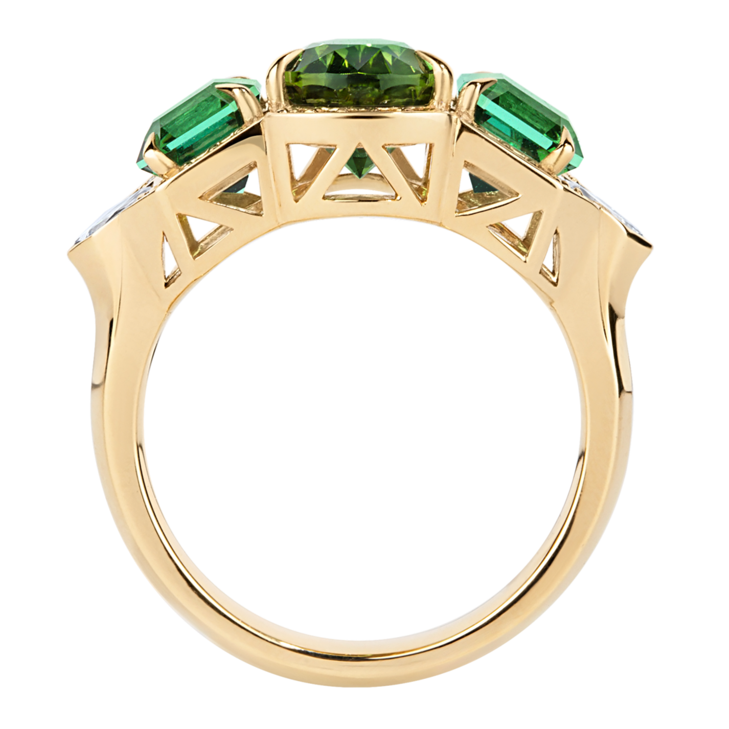 Profile view of a handcrafted Ignite Collection ring featuring natural green tourmalines and natural diamonds in 18k yellow gold.