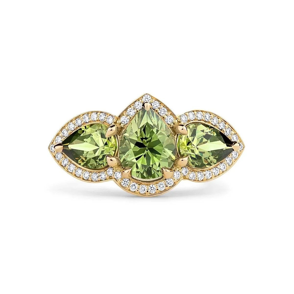 One-of-a-Kind Deco Filigree Ring with Pear-Cut Demantoid Garnets and Diamonds