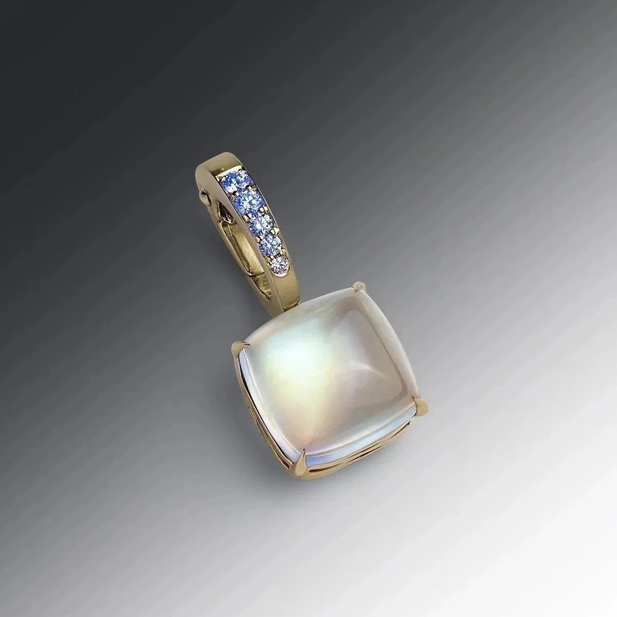 Rainbow moonstone Cushion-cut Cab charm with optical phenomenon Diamond pavé hinged charm in our signature faceted Deco filigree style mount.