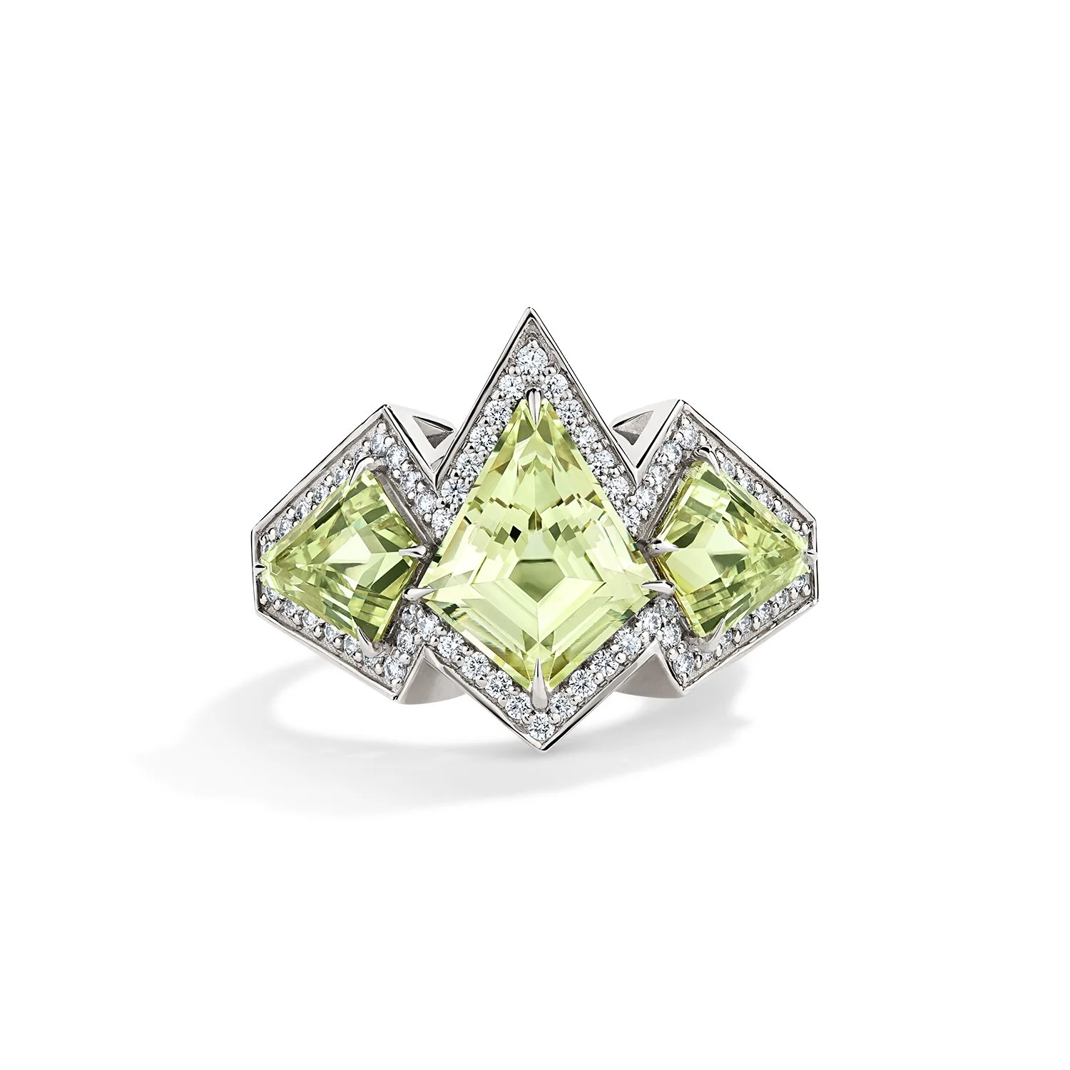One-of-a-Kind Deco Filigree Ring with Kite-cut Chrysoberyls and Diamonds