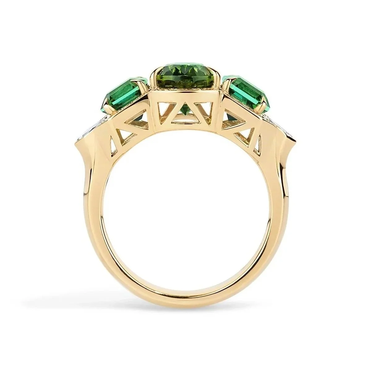 One-of-a-Kind Deco Filigree Ring with Asher-cut Blue Green Tourmaline and Fancy-cut Diamonds