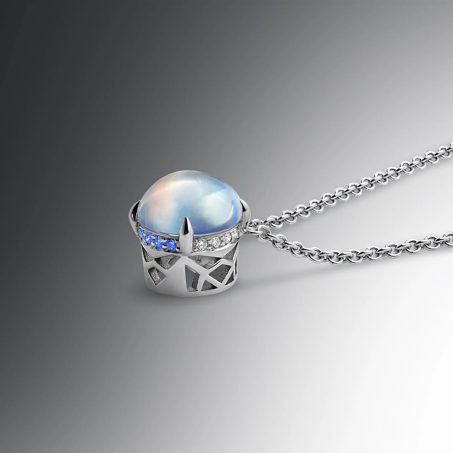 One-of-a-Kind Round Cab-cut Moonstone Pendant with Hidden Diamond Halo