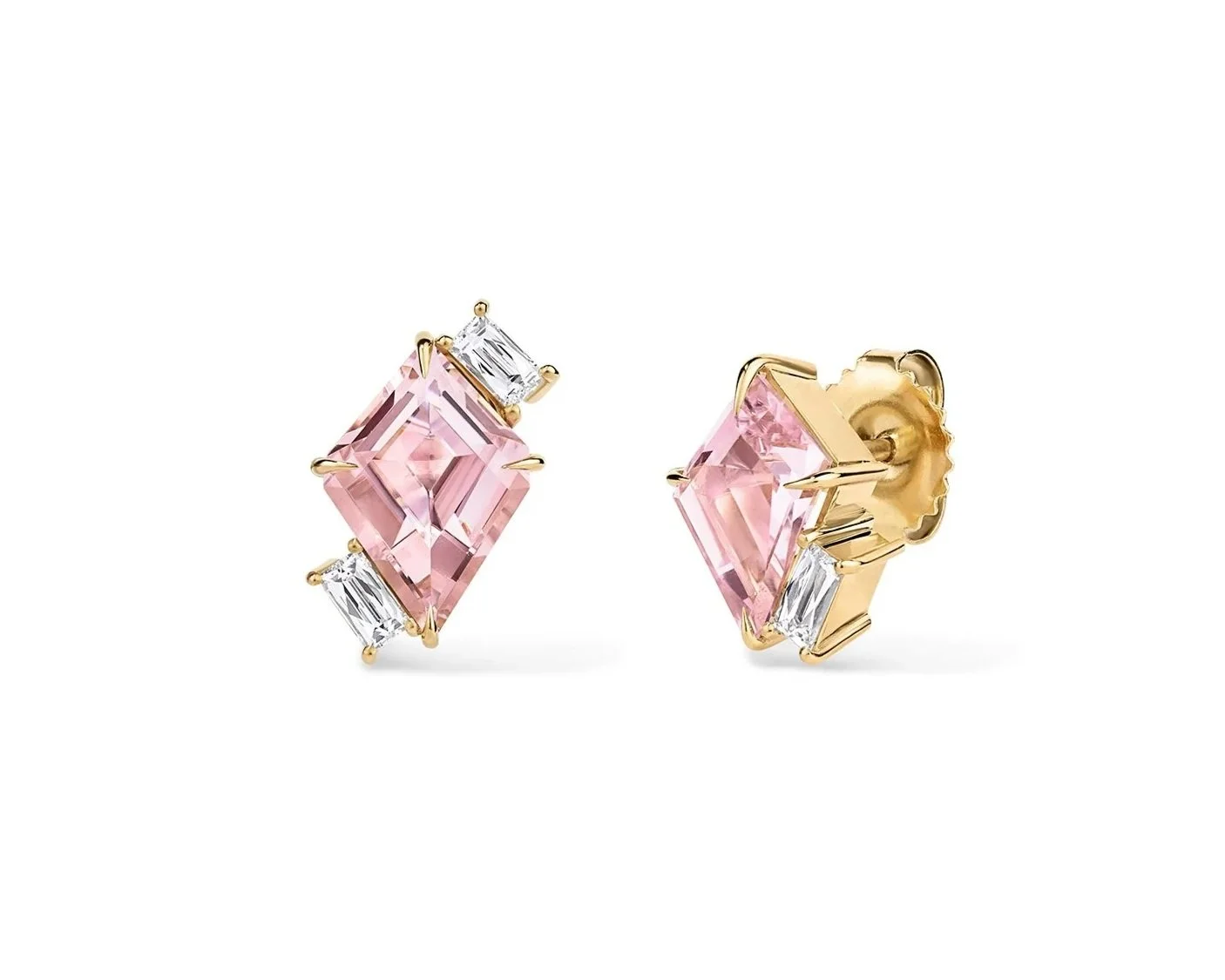 One-of-a-Kind Mismatched Pink Tourmaline Ear Climber Earrings with Antique-Style Baguette French-cut Diamonds