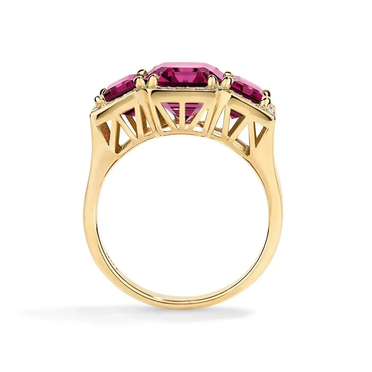 One-of-a-Kind Deco Filigree Ring with Emerald-cut Rhodolite Garnets and Diamonds
