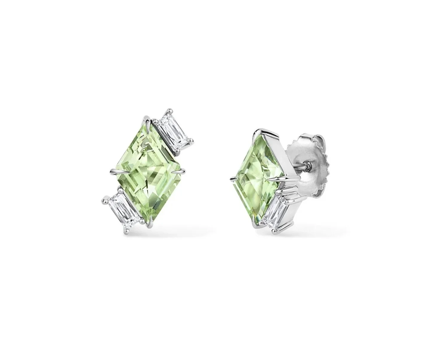One-of-a-Kind Mismatched Mint Green Tourmaline Ear Climber Earrings with Antique-Style Baguette French-cut Diamonds