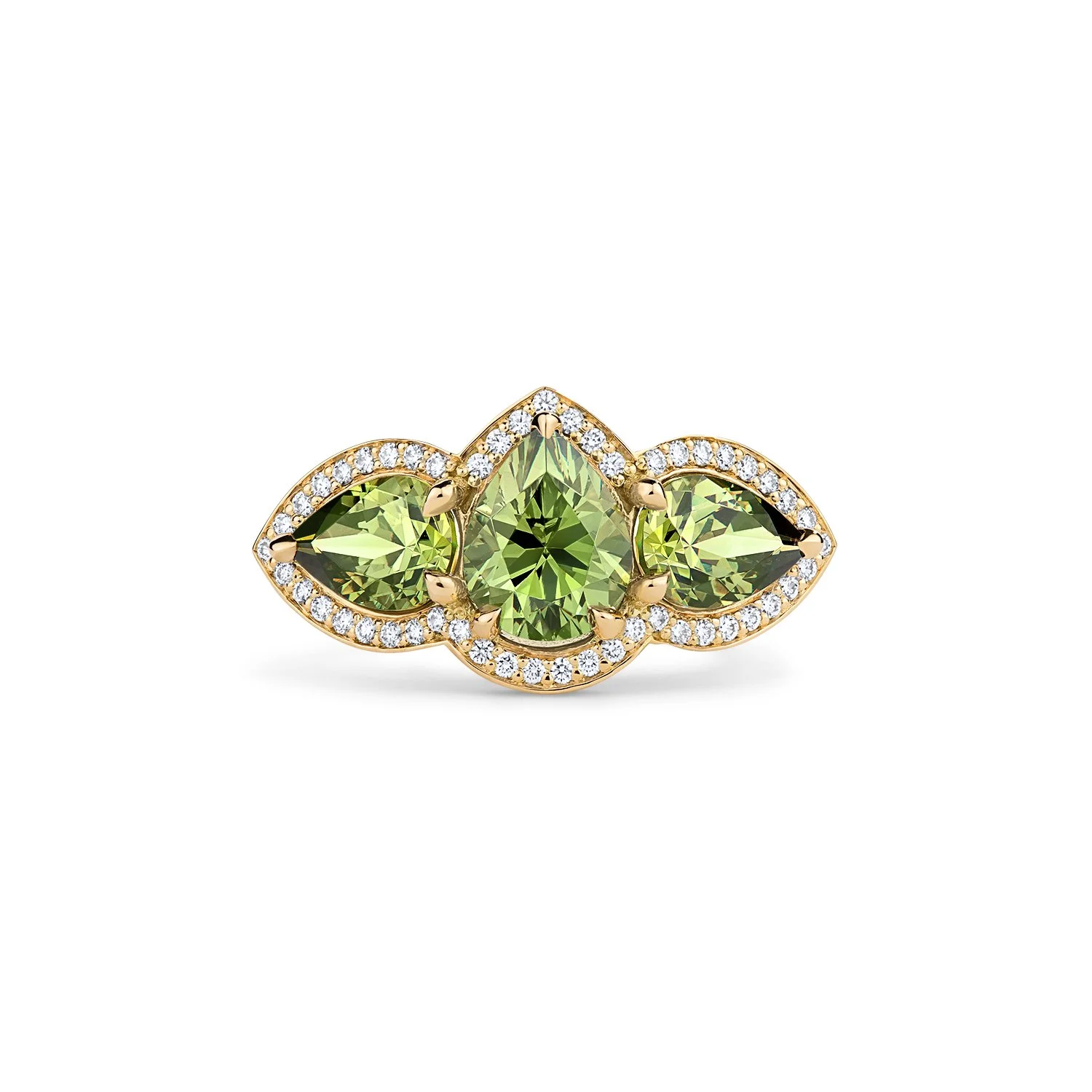 One-of-a-Kind Deco Filigree Ring with Pear-Cut Demantoid Garnets and Diamonds