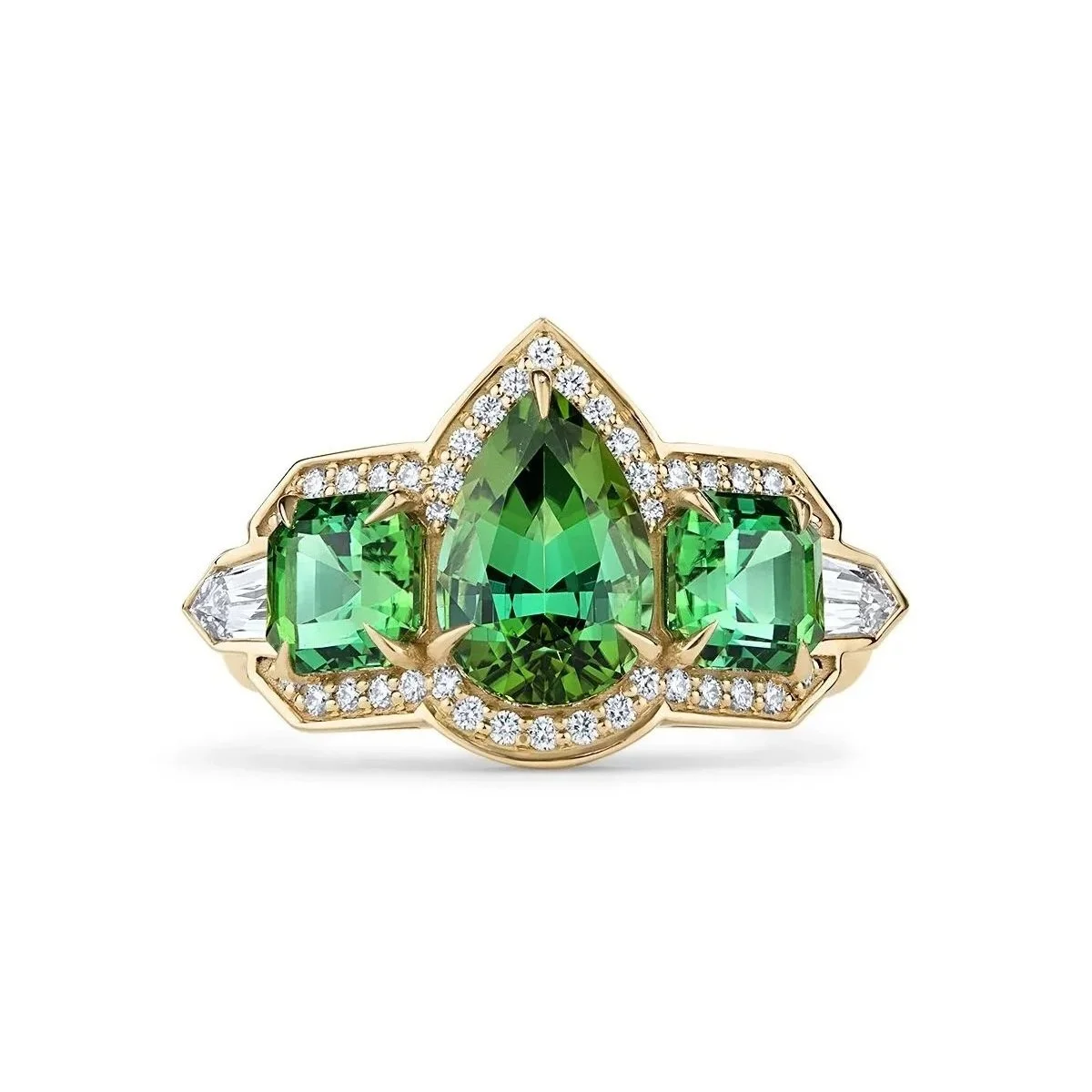One-of-a-Kind Deco Style Filigree Ring with Asher-cut Blue Green Tourmaline and Fancy-cut Diamonds