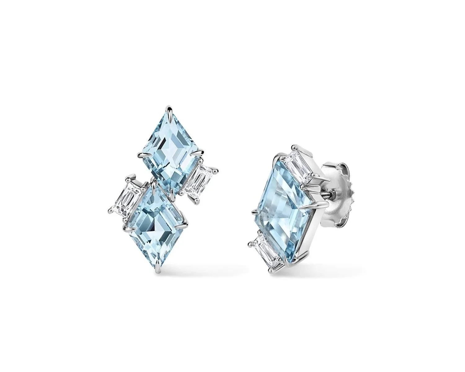 One-of-a-Kind Mismatched Kite-cut Aquamarine Ear Climber Earrings with Antique-Style Baguette French-cut Diamonds