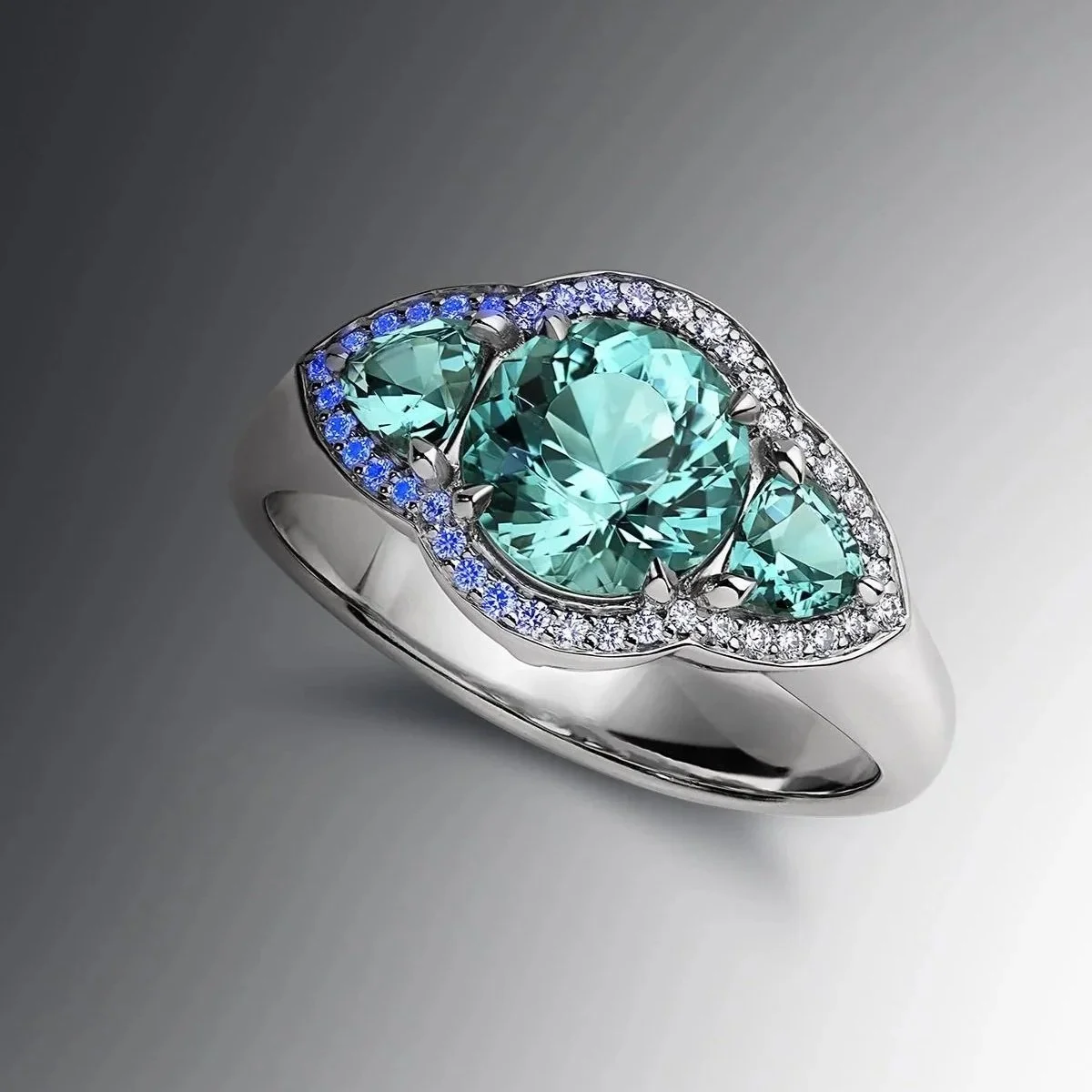 One-of-a-Kind Deco Filigree Ring with Portuguese-cut Neon Lagoon Tourmalines and Diamonds