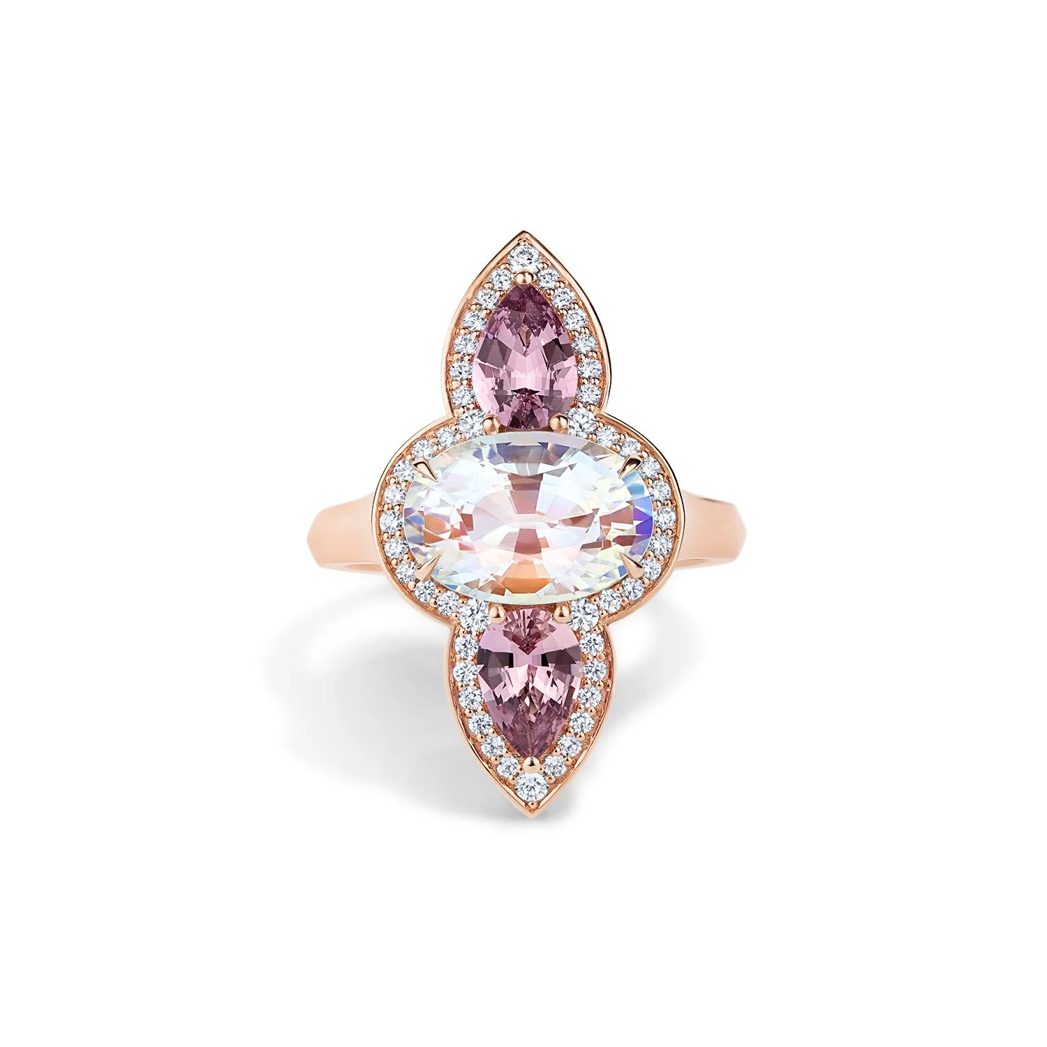 One-of-a-Kind Deco Style Filigree Ring with Oval-cut Rainbow Moonstones, Rose Sapphires and Diamonds