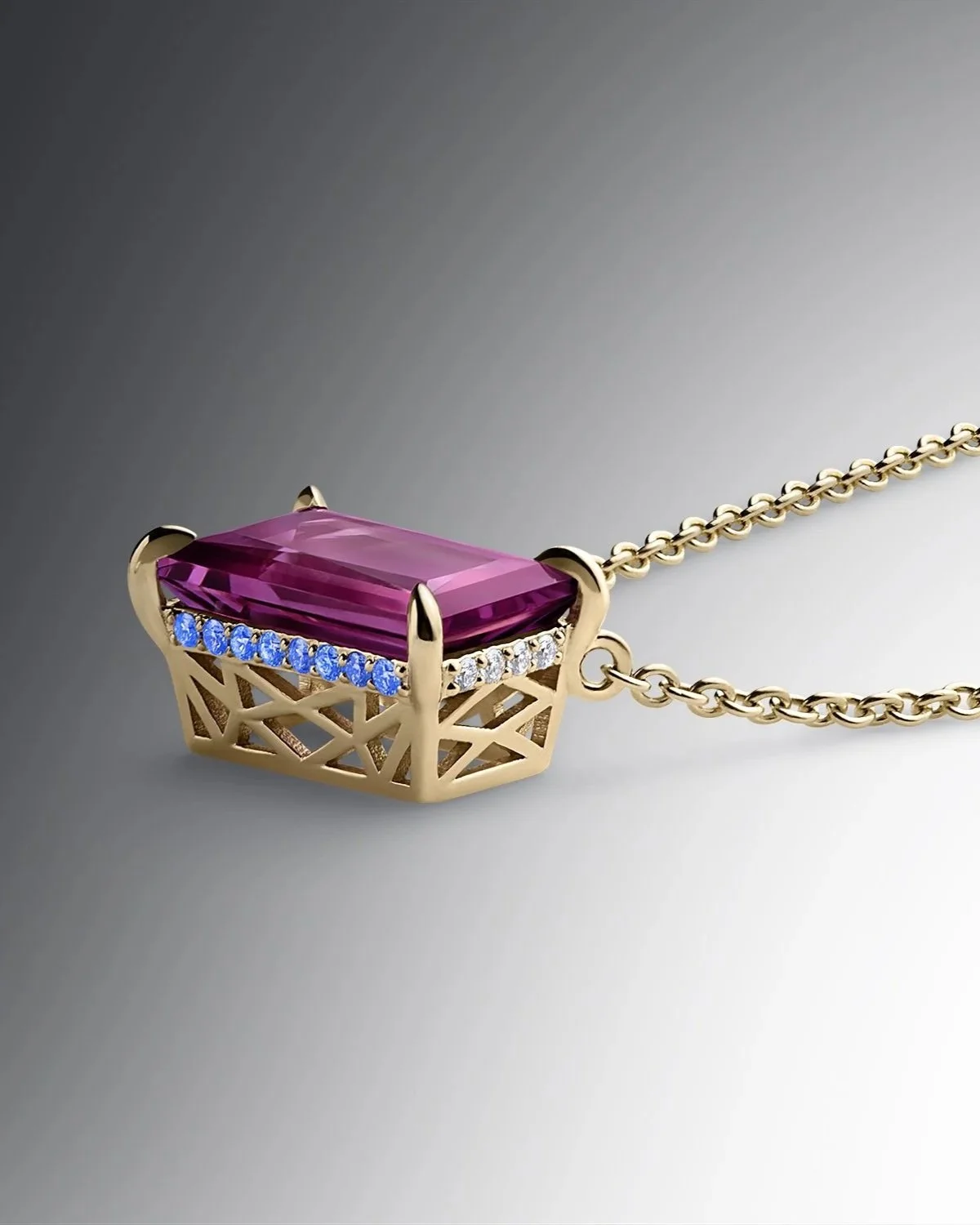 One-of-a-Kind Purple Garnet Baguette-cut Pendant with Hidden Diamond Halo