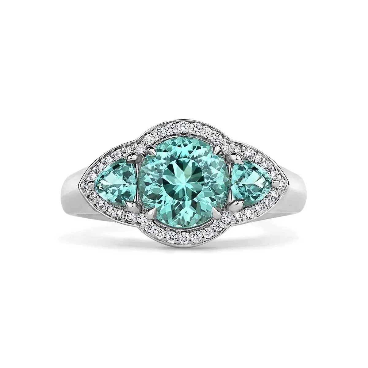 One-of-a-Kind Deco Style Filigree Ring with Portuguese-cut Neon Lagoon Tourmalines and Diamonds