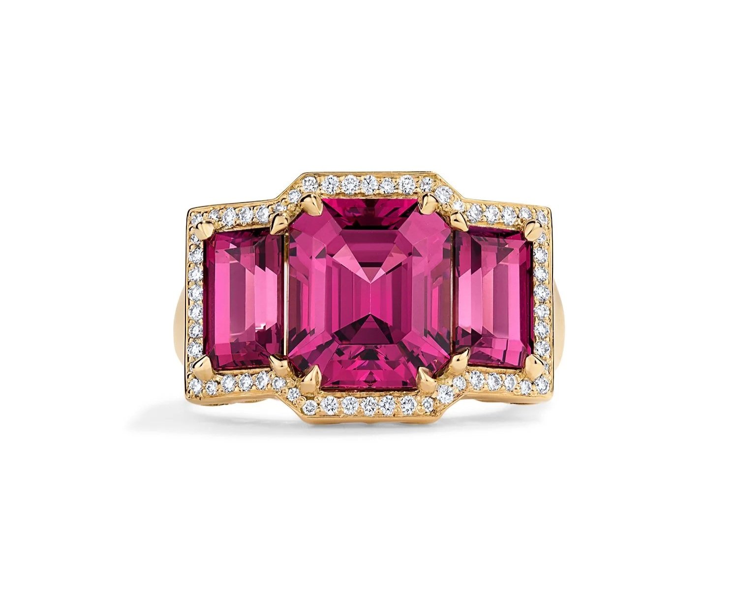 Emerald-cut Rhodolite Garnets and Diamond Ring