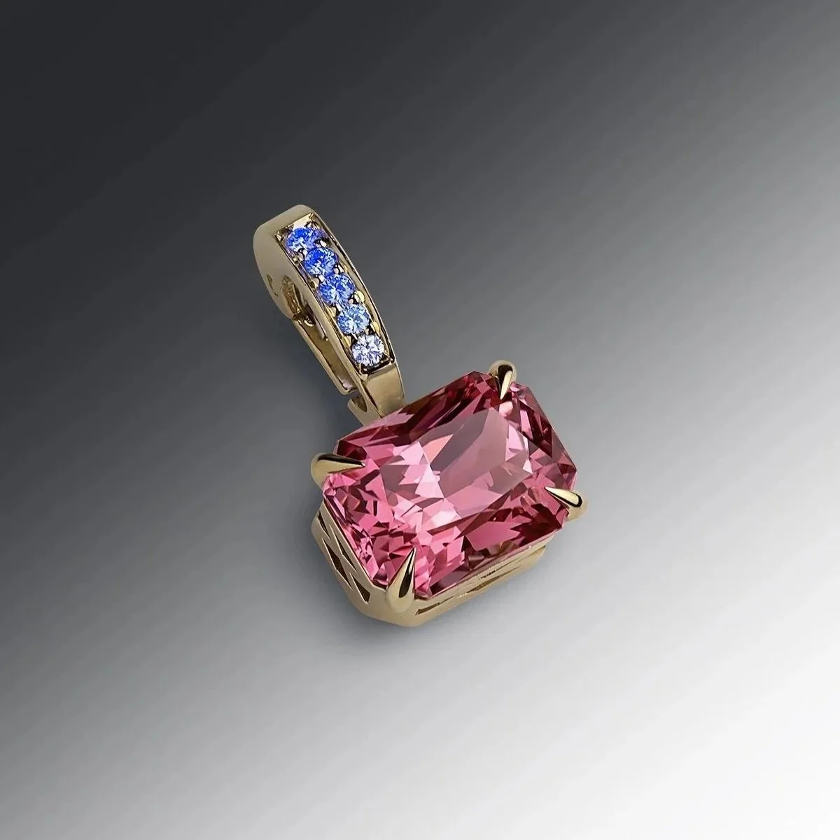 Hot Pink Spinel Radiant Emerald-cut charm with optical phenomenon Diamond pavé hinged charm in our signature faceted Deco filigree style mount.